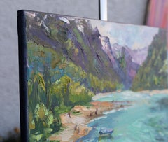 Lake Klöntalersee. Windy Day. Swiss Mountain Landscape, blue, impressionism