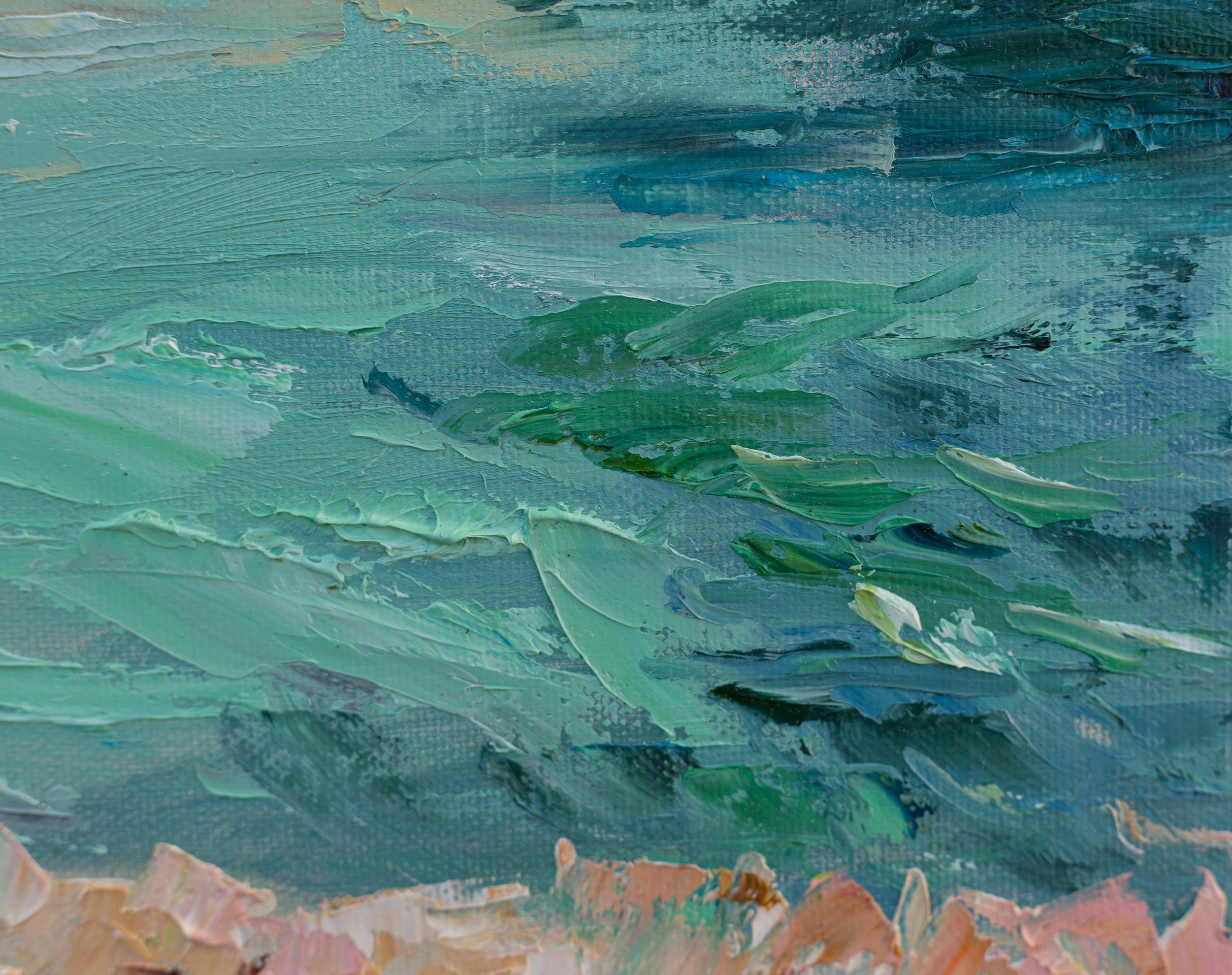 Lake Klöntalersee. Windy Day. Swiss Mountain Landscape in Oil, lake, blue For Sale 5