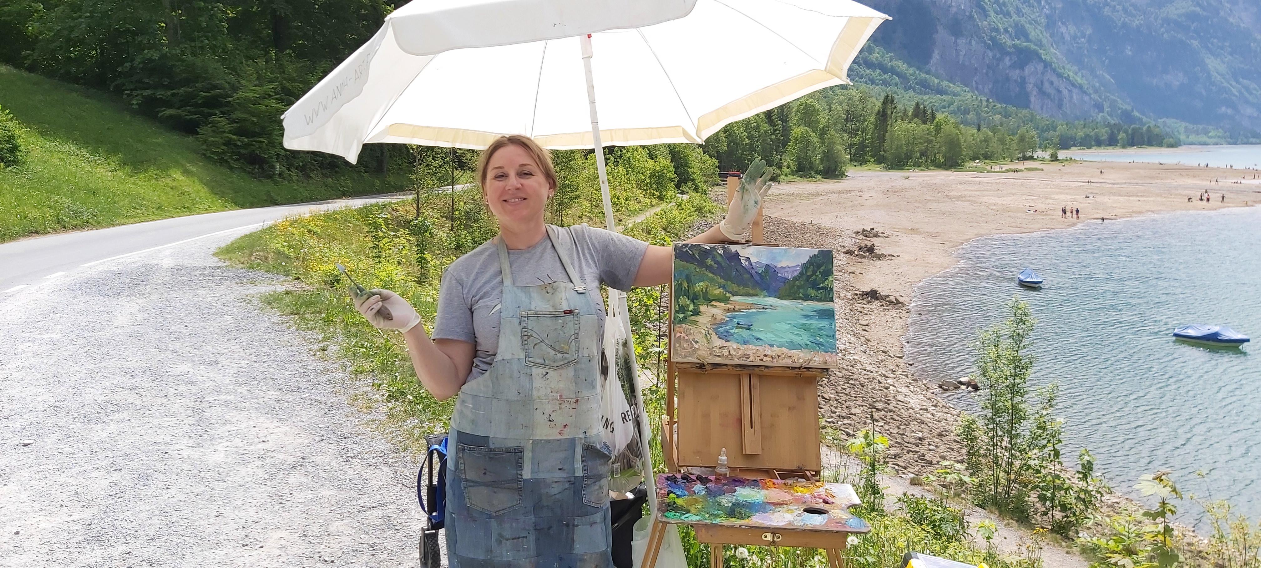 Lake Klöntalersee. Windy Day. Swiss Mountain Landscape in Oil, lake, blue For Sale 6