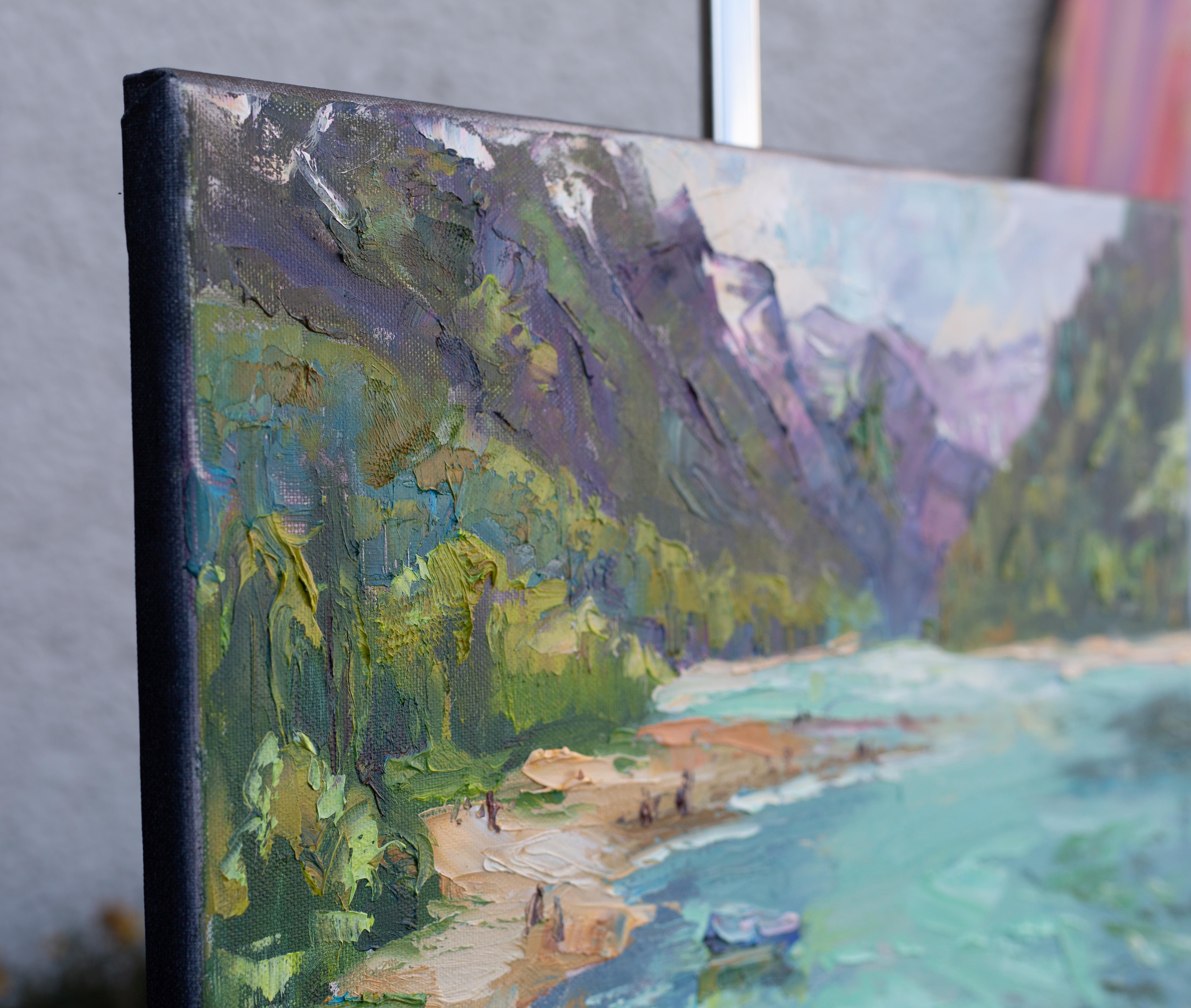 Lake Klöntalersee. Windy Day. Swiss Mountain Landscape in Oil, lake, blue - Painting by Anna Shesterikova