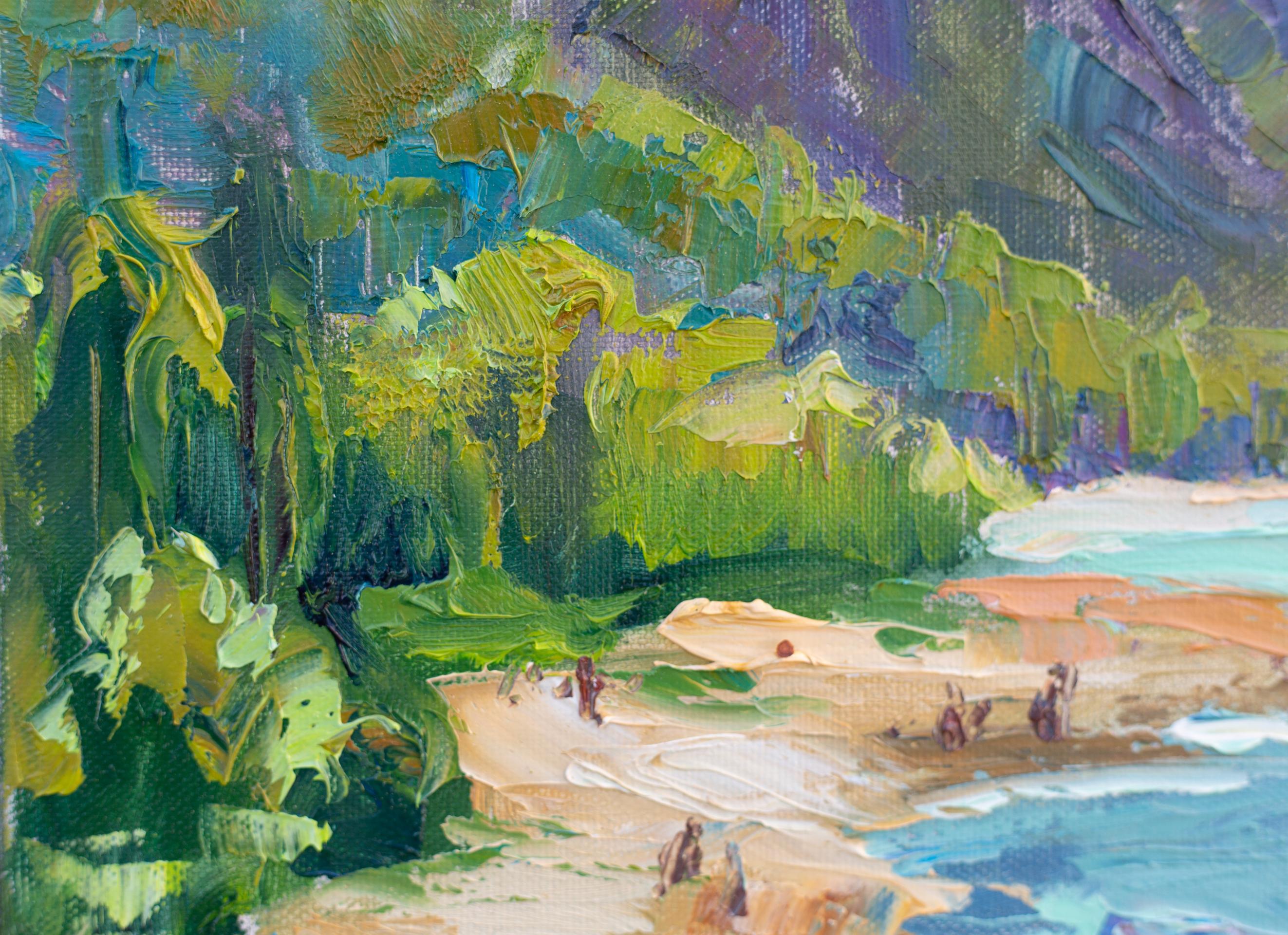 Lake Klöntalersee. Windy Day. Swiss Mountain Landscape in Oil, lake, blue For Sale 1