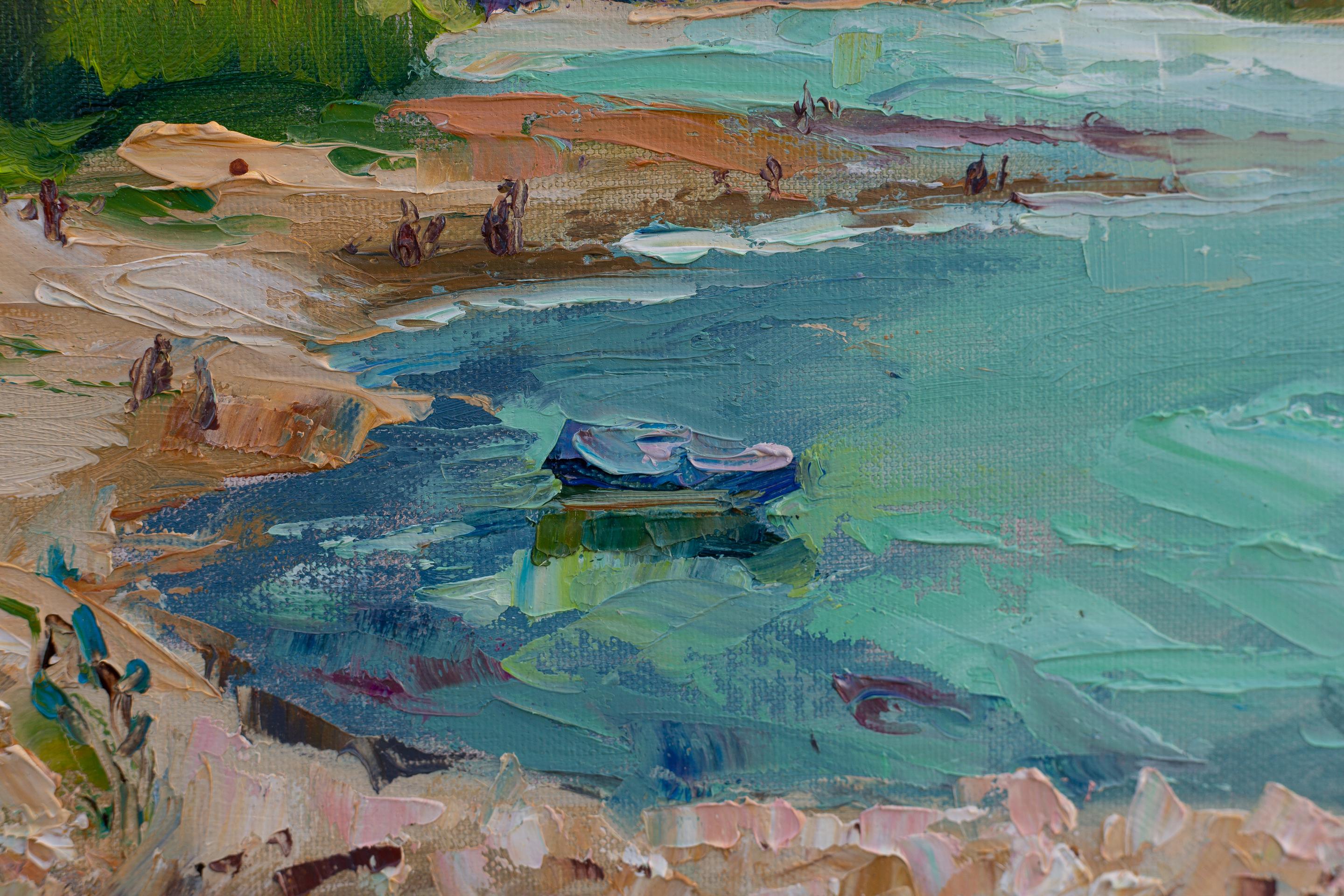 Lake Klöntalersee. Windy Day. Swiss Mountain Landscape in Oil, lake, blue For Sale 2