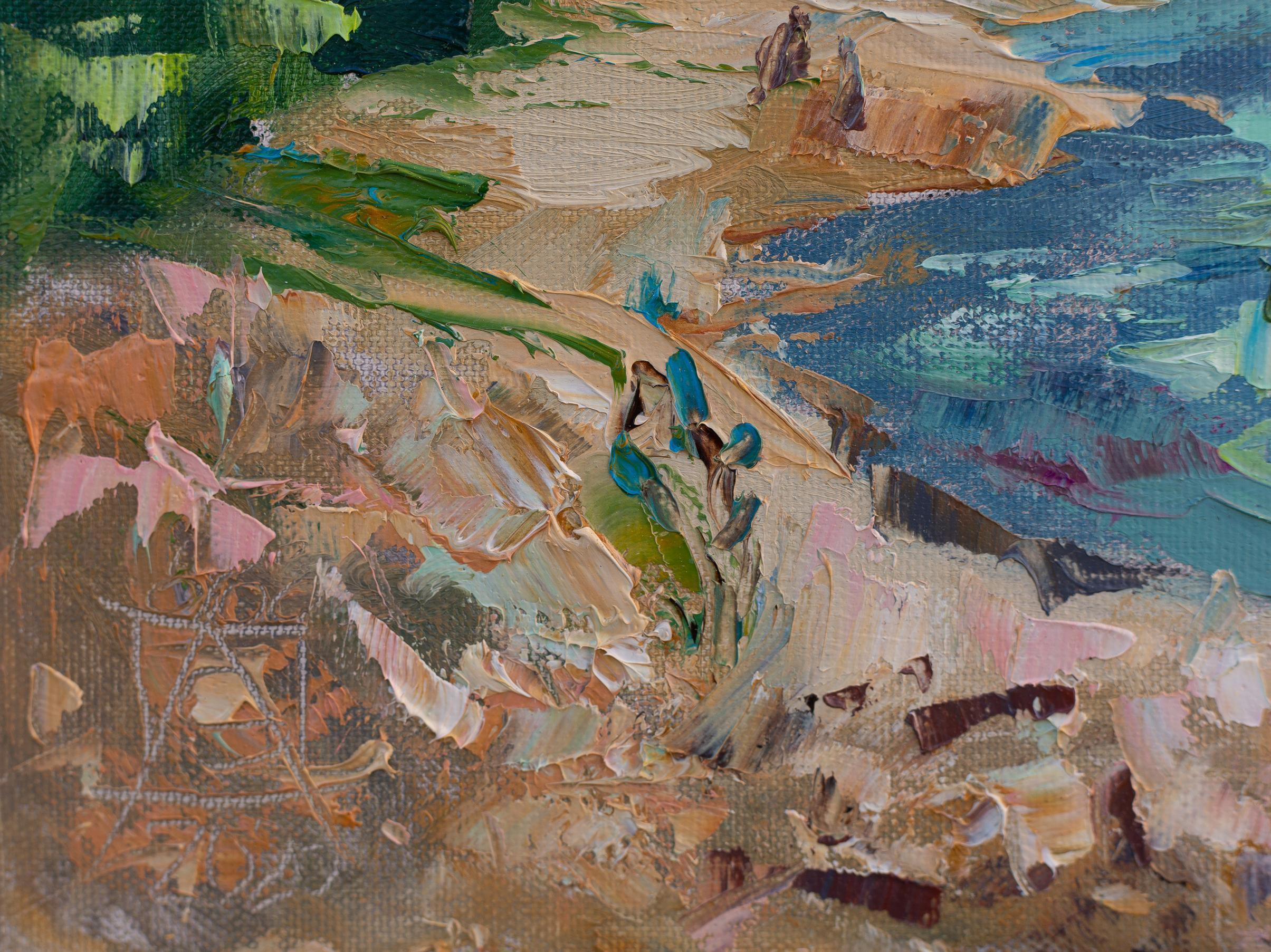 Lake Klöntalersee. Windy Day. Swiss Mountain Landscape in Oil, lake, blue For Sale 3