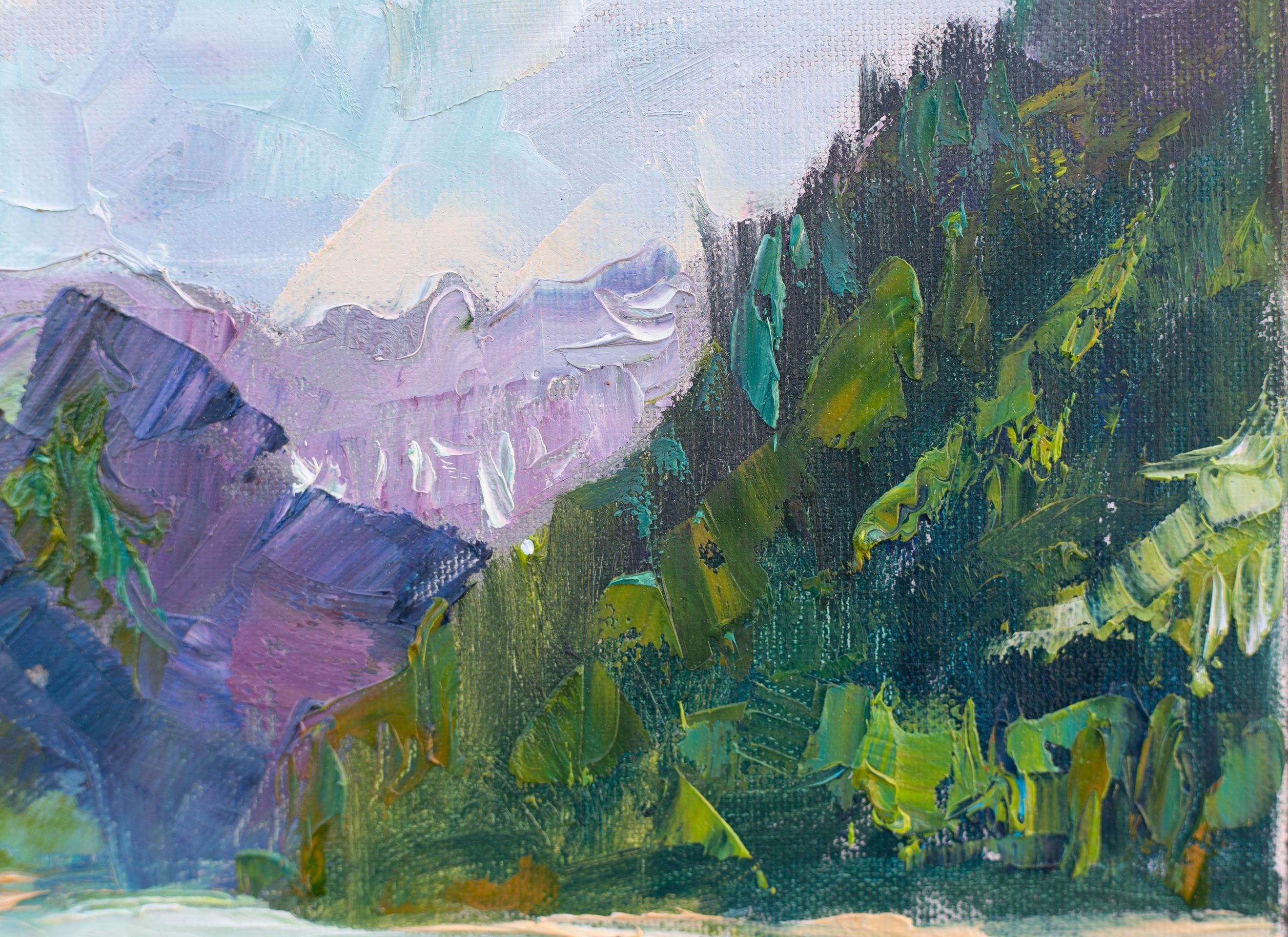 Lake Klöntalersee. Windy Day. Swiss Mountain Landscape in Oil, lake, blue For Sale 4