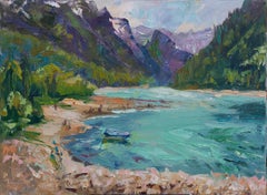 Lake Klöntalersee. Windy Day. Swiss Mountain Landscape in Oil, lake, blue