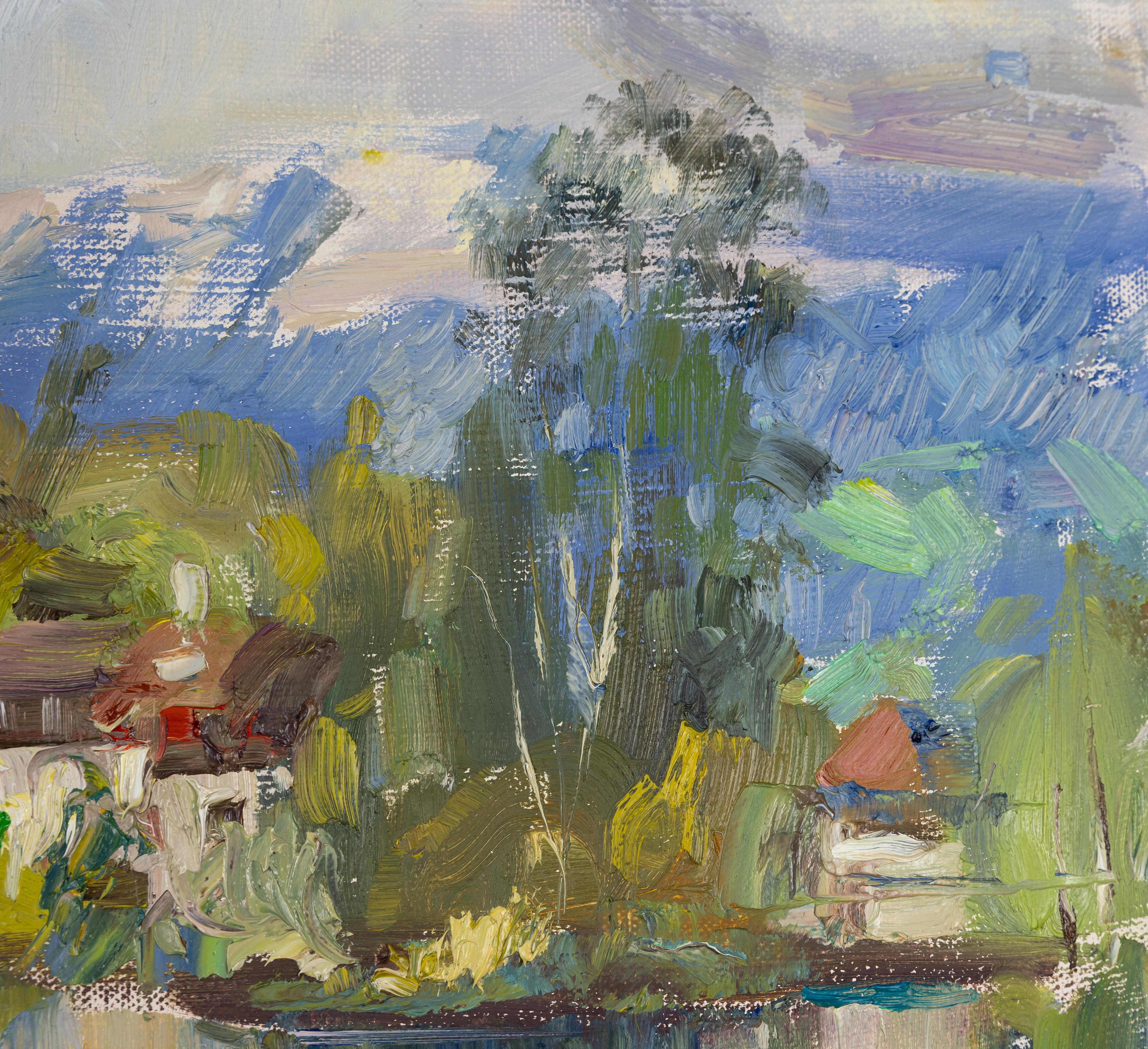 Werdenberg im April. Horizontale Landschaft, Impressionismus, Berg, See. im Angebot 5