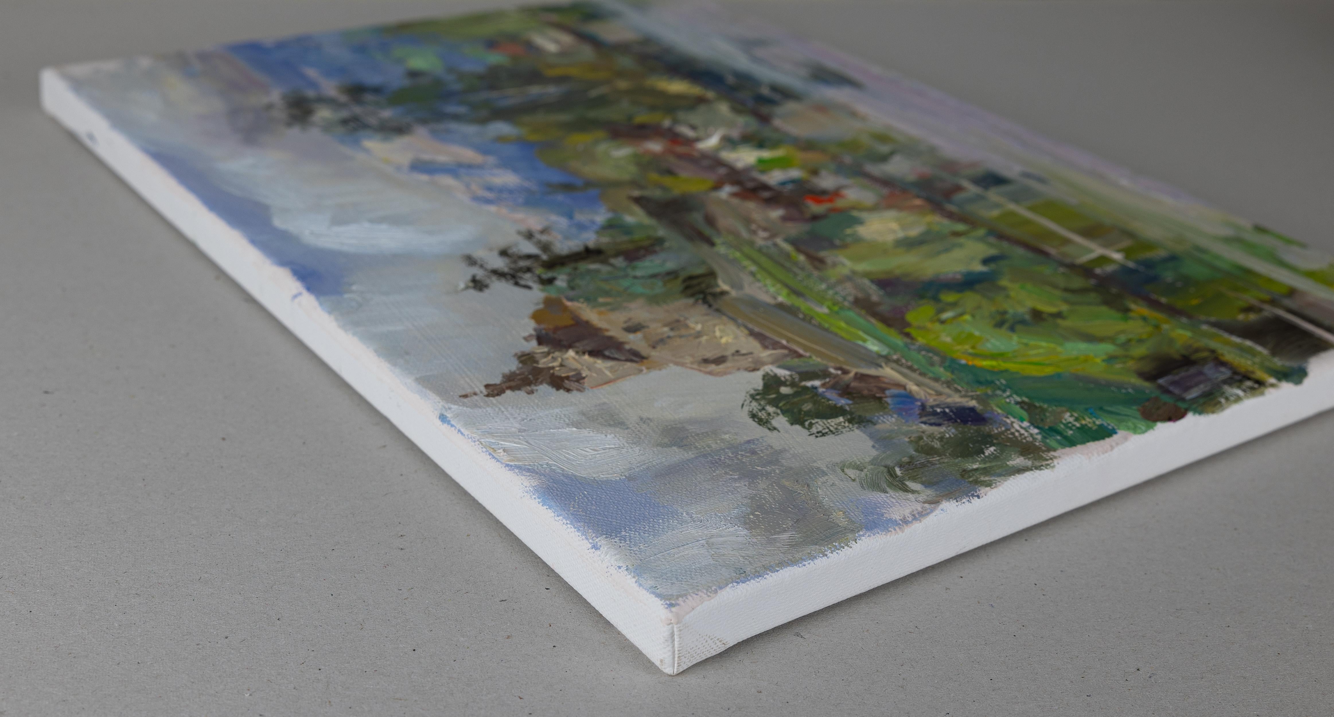 Werdenberg im April. Horizontale Landschaft, Impressionismus, Berg, See. – Painting von Anna Shesterikova