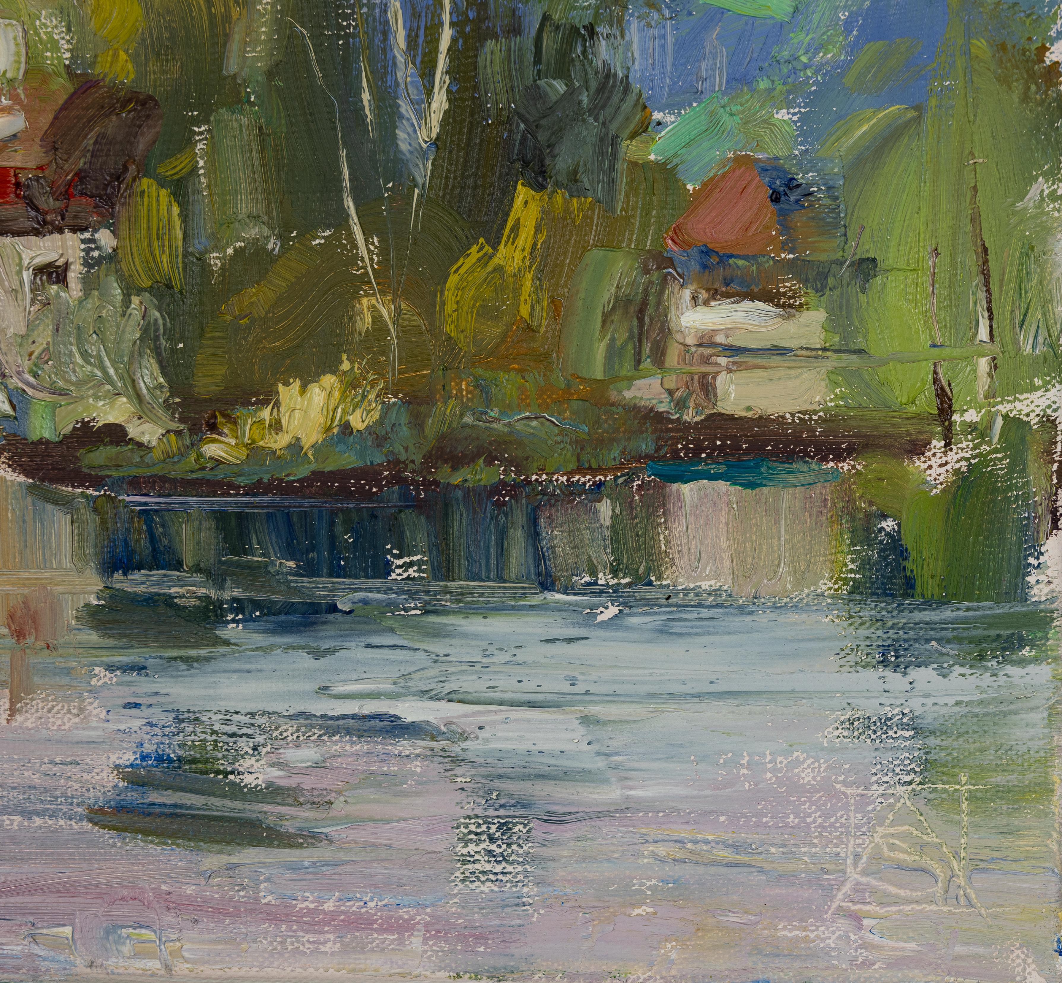 Lago Werdenberg en abril. Paisaje horizontal, impresionismo, montaña, lago. - Landscape Painting Gris de Anna Shesterikova
