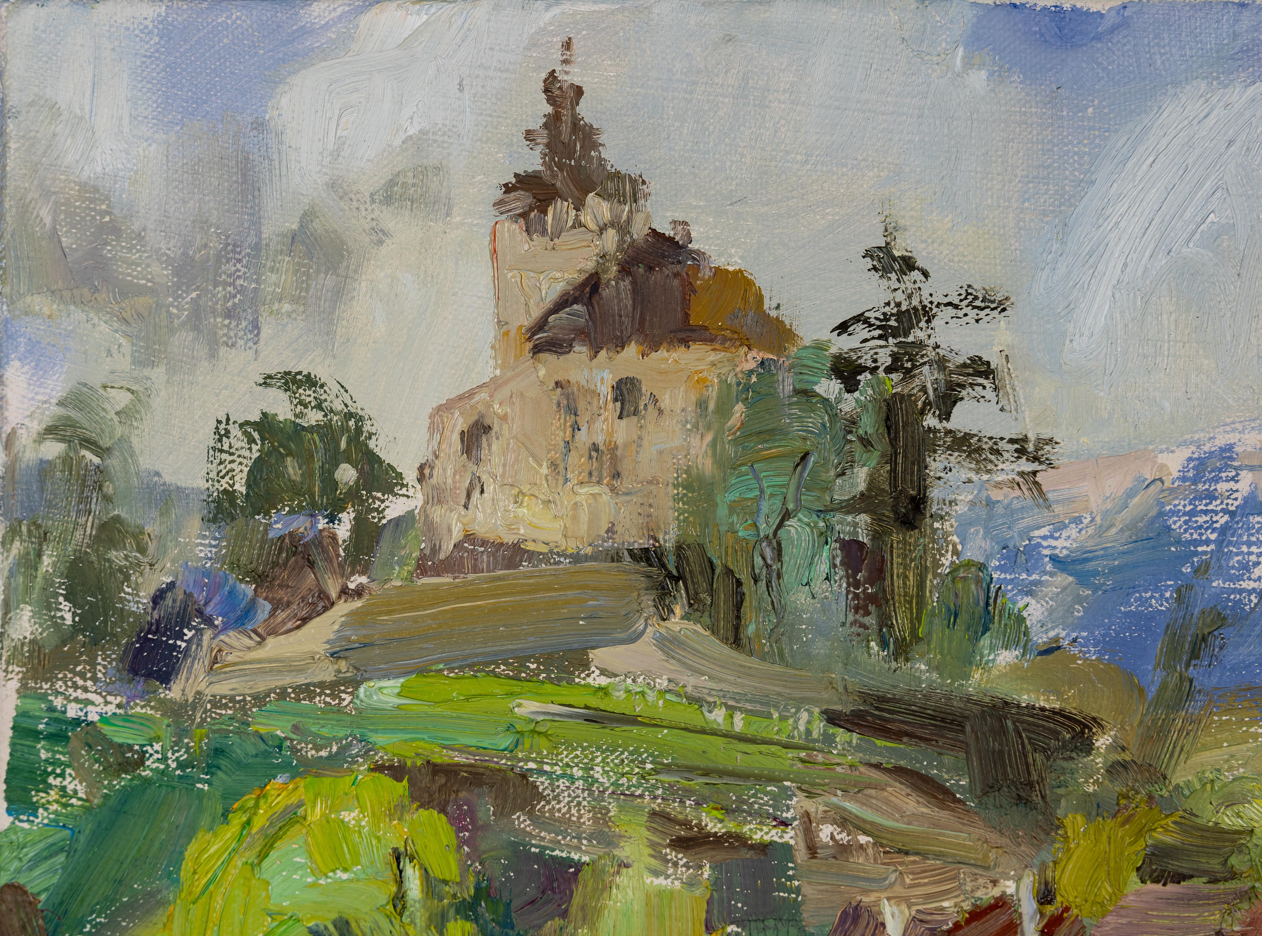 Werdenberg im April. Horizontale Landschaft, Impressionismus, Berg, See. im Angebot 1