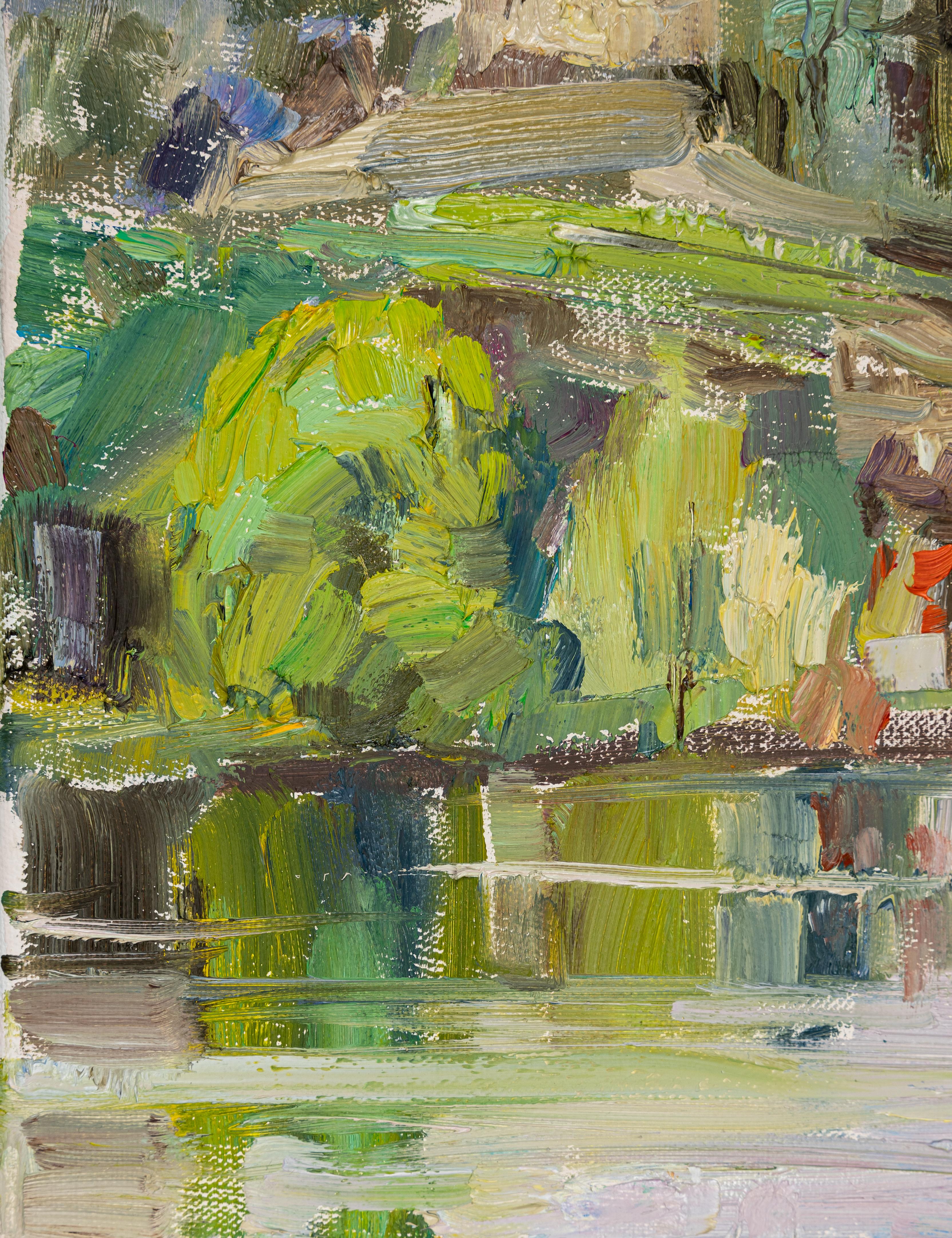 Werdenberg im April. Horizontale Landschaft, Impressionismus, Berg, See. im Angebot 2