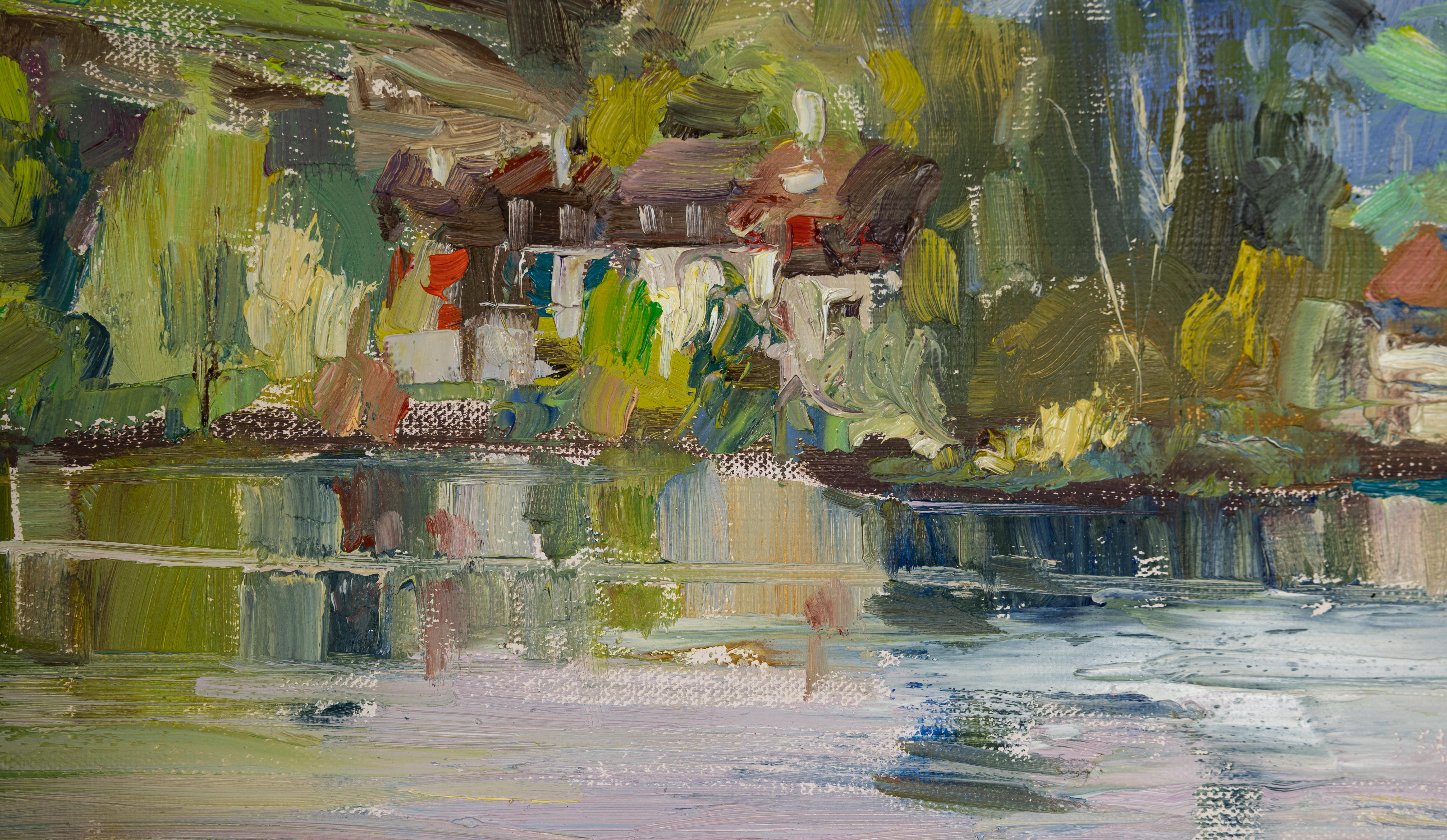 Werdenberg im April. Horizontale Landschaft, Impressionismus, Berg, See. im Angebot 3