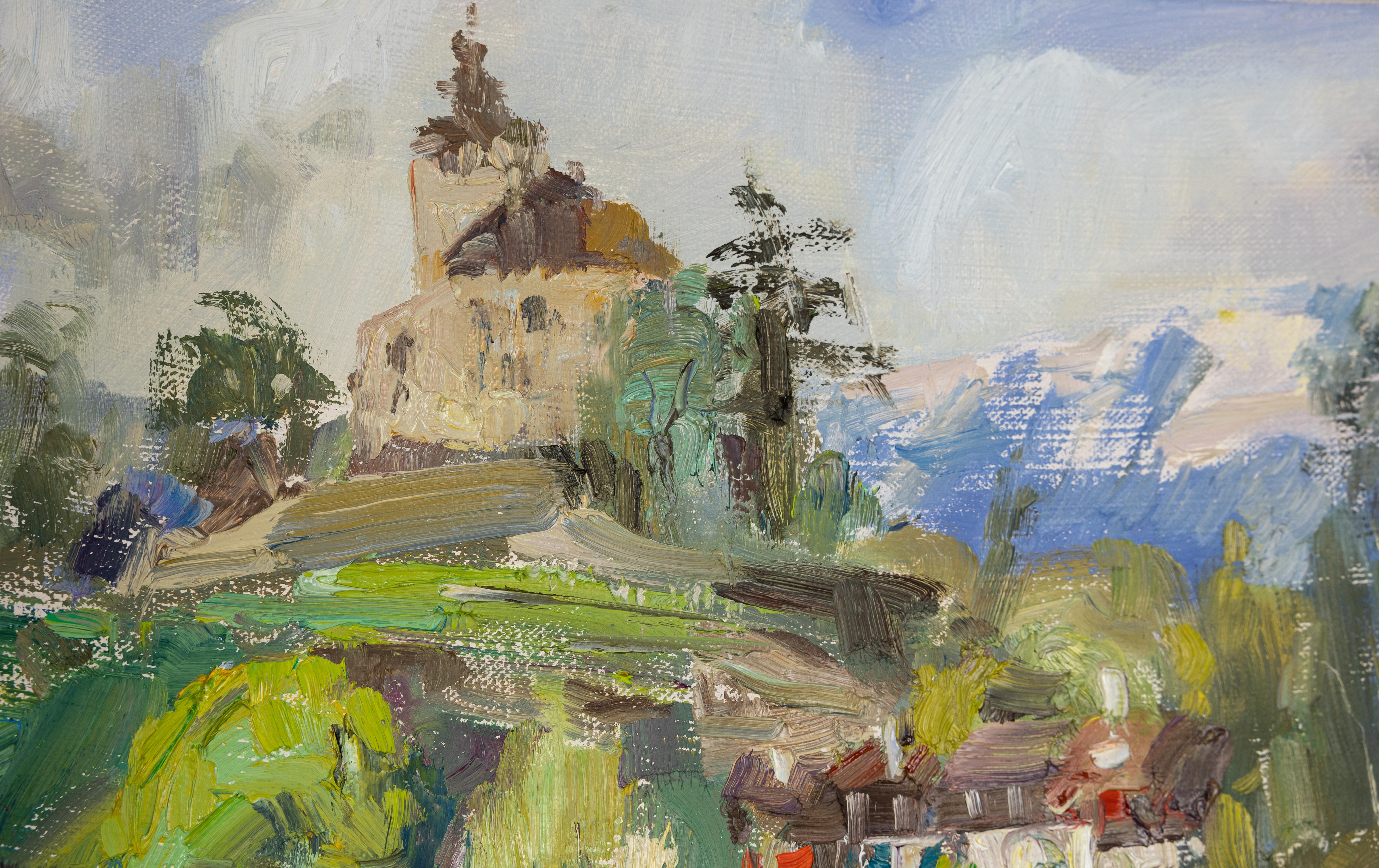 Werdenberg im April. Horizontale Landschaft, Impressionismus, Berg, See. im Angebot 4