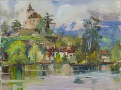 Lake Werdenberg in April. Horizontal landscape, impressionism, mountain, lake.