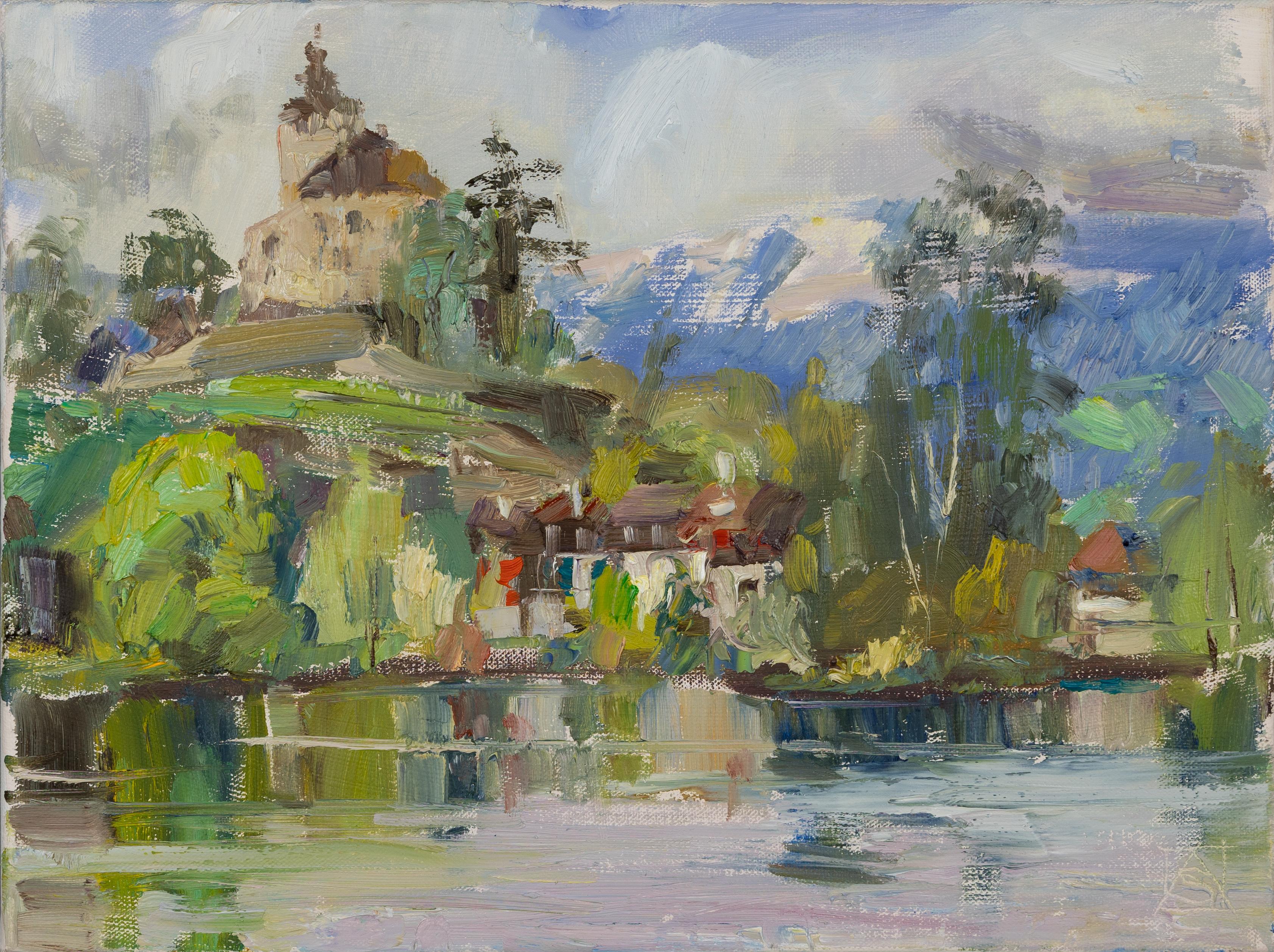 Lake Werdenberg in April. Horizontal landscape, impressionism, mountain, lake.