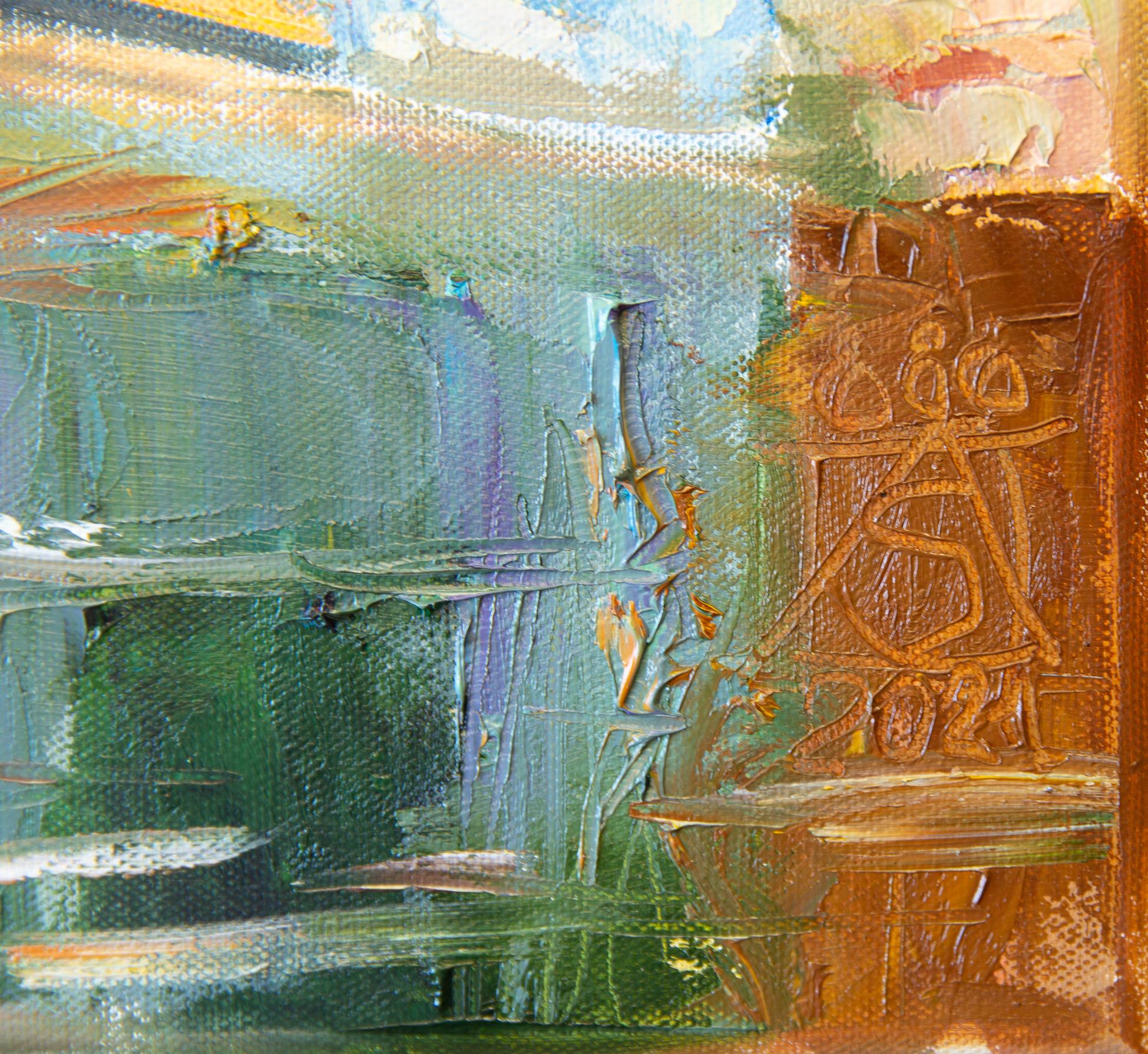 Laufenburg (Schweiz). Horizontal, Landschaft, Öl, Fluss, Stadt (Braun), Landscape Painting, von Anna Shesterikova