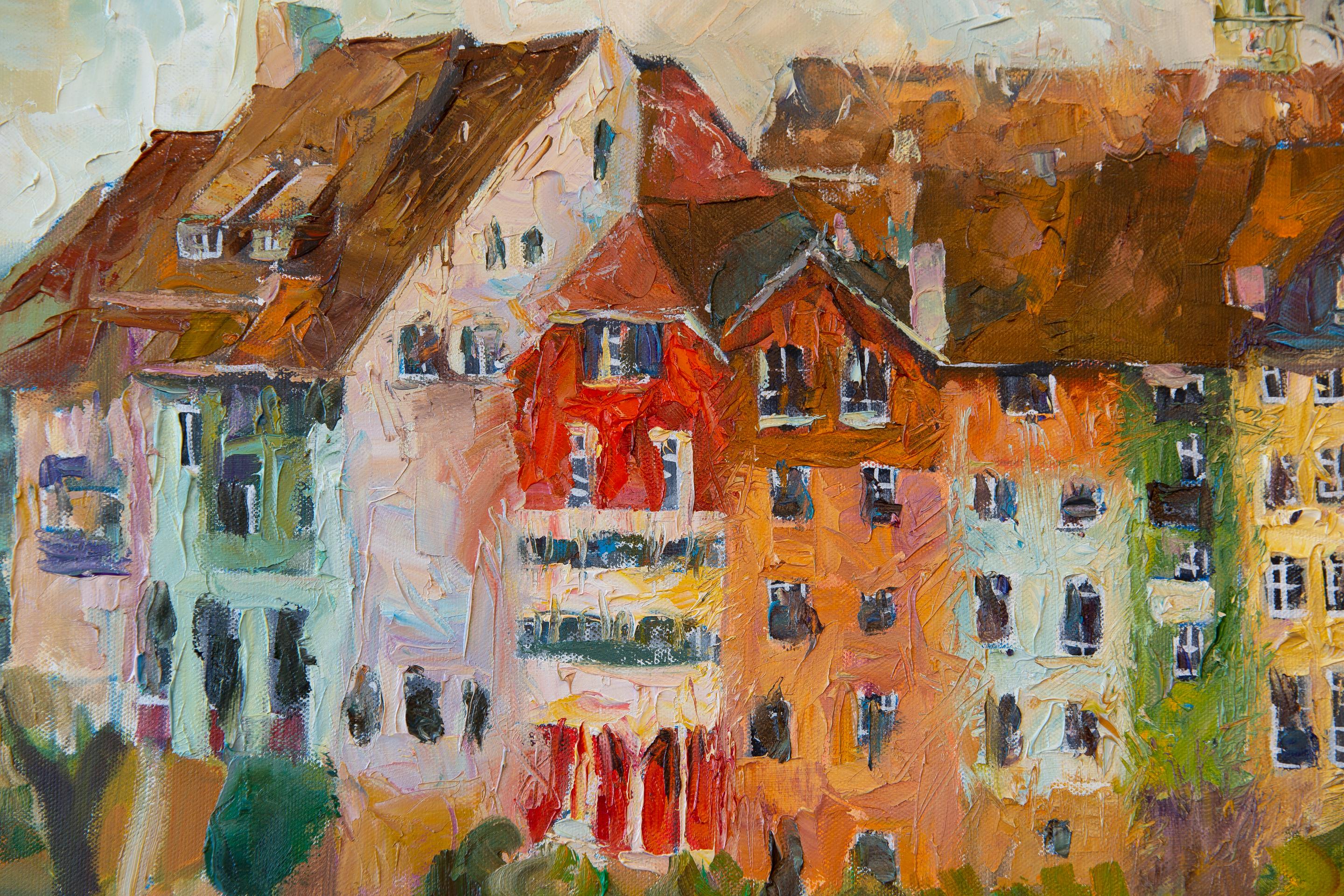 Laufenburg (Schweiz). Horizontal, Landschaft, Öl, Fluss, Stadt im Angebot 1