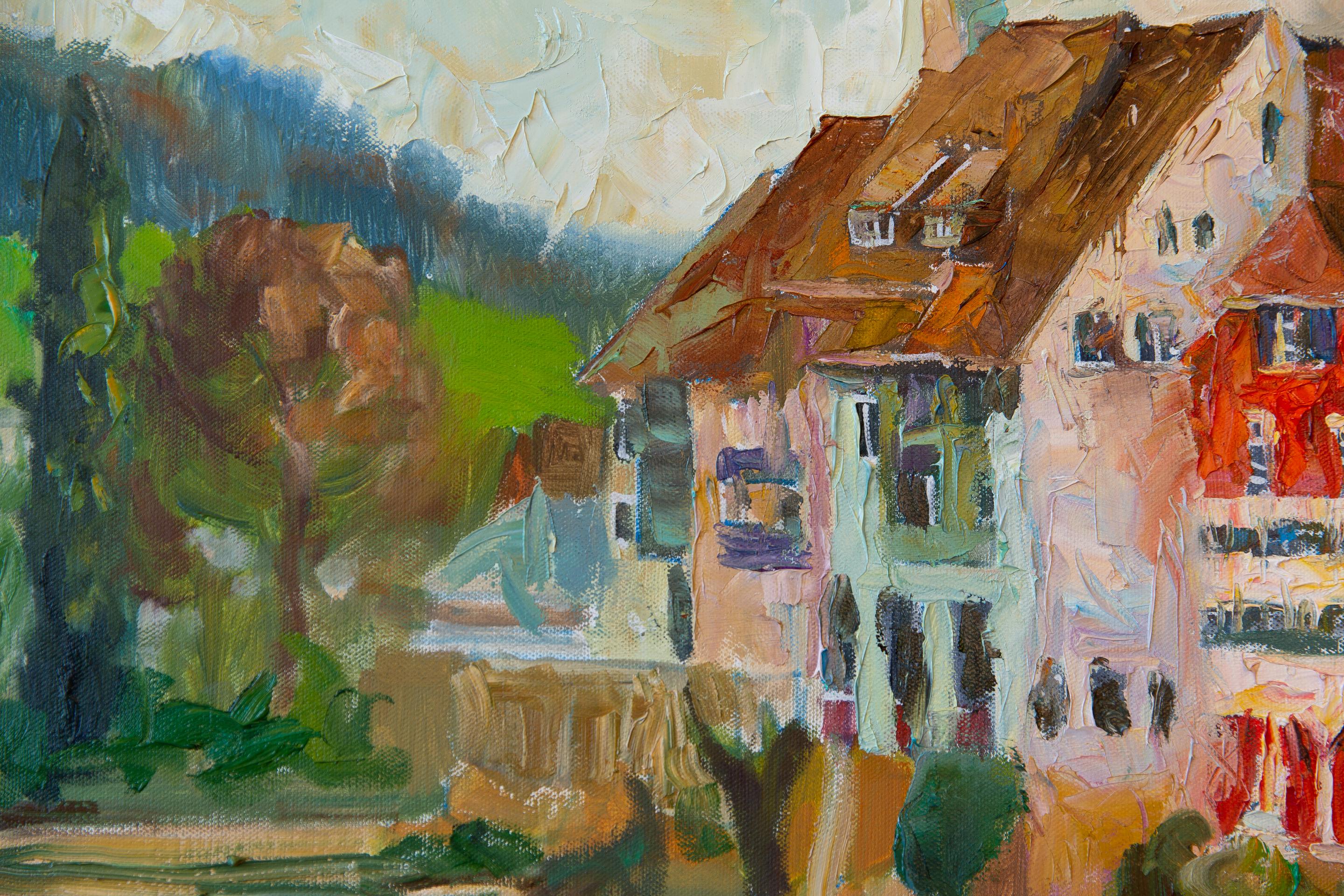 Laufenburg (Schweiz). Horizontal, Landschaft, Öl, Fluss, Stadt im Angebot 2