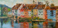Laufenburg (Switzerland). Horizontal, Landscape Paintings, oil, river, town