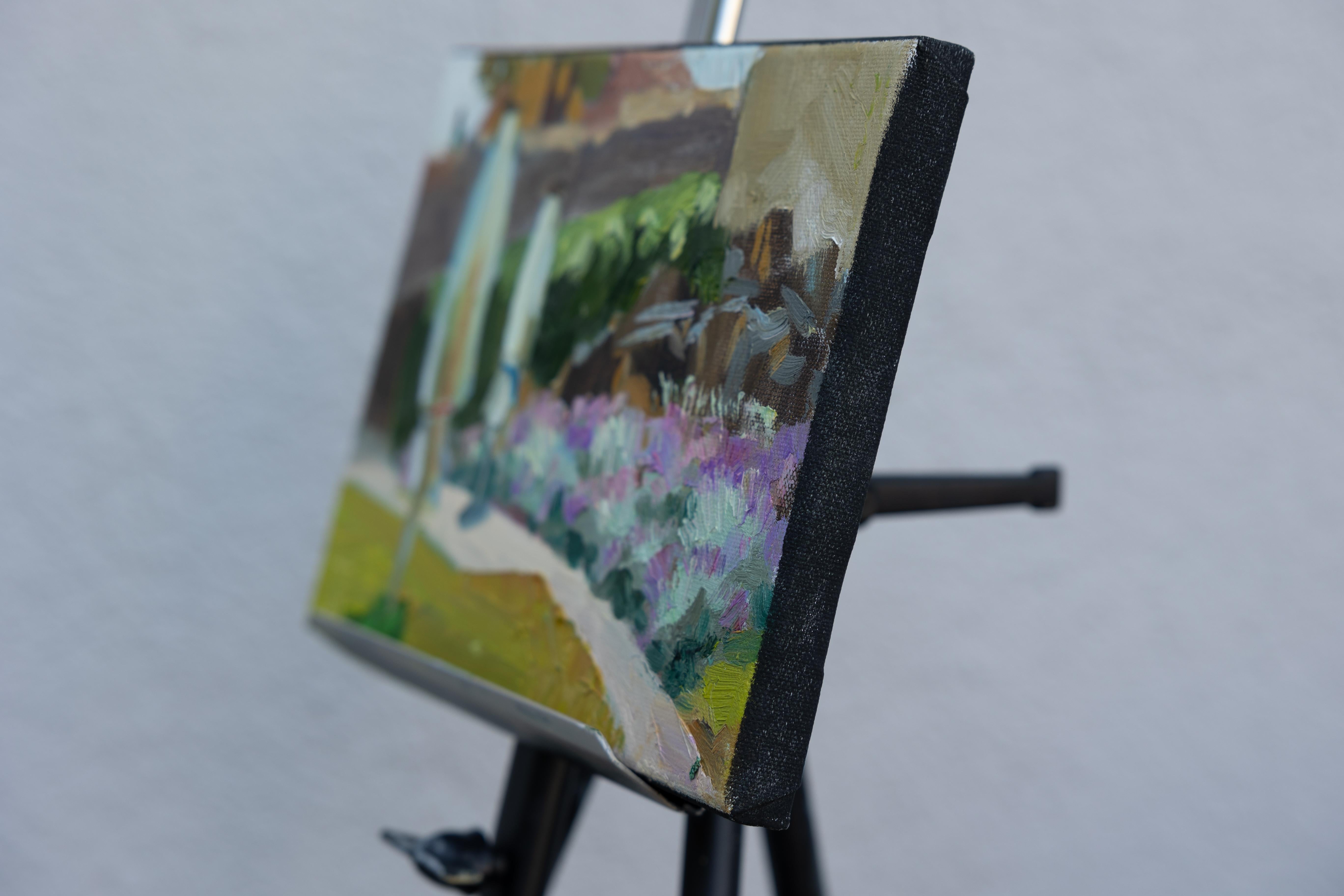 Lavender In The Garden. Horizontal, impressionism, landscape, flowers - Painting by Anna Shesterikova