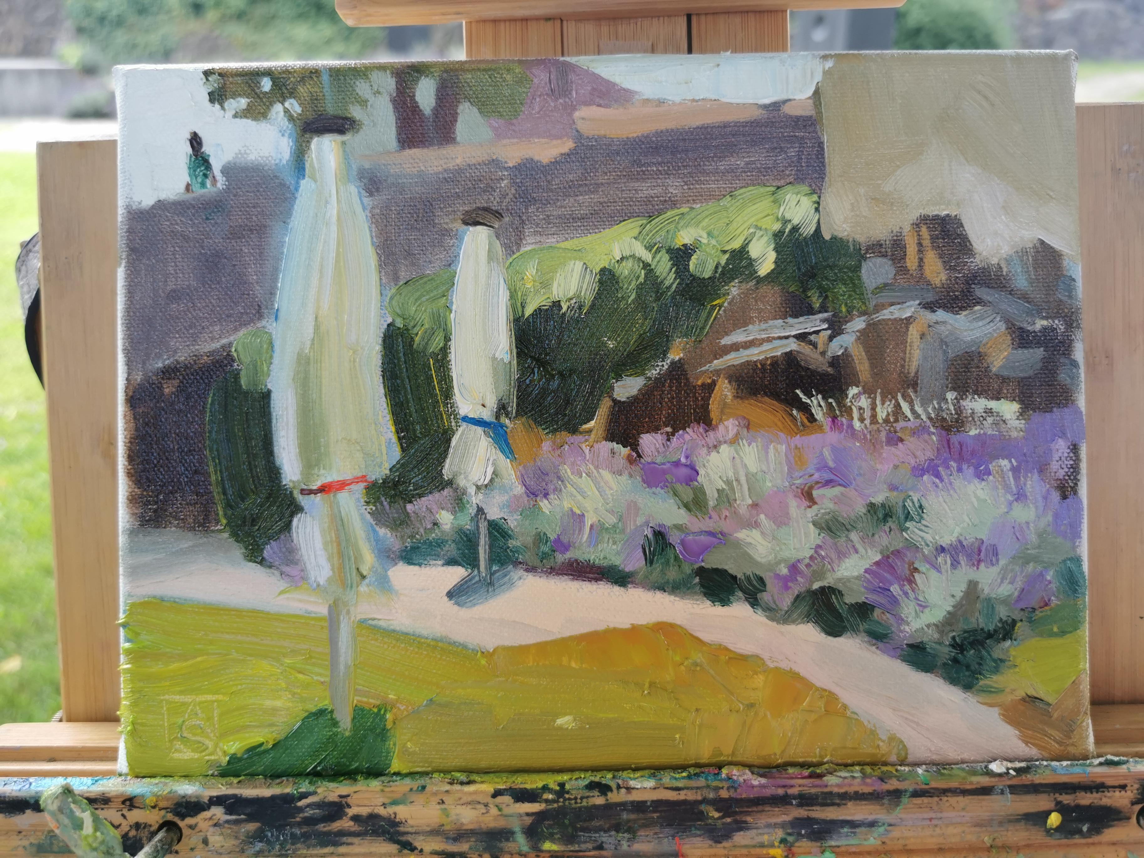 Lavender In The Garden. Horizontal, impressionism, landscape, flowers For Sale 2