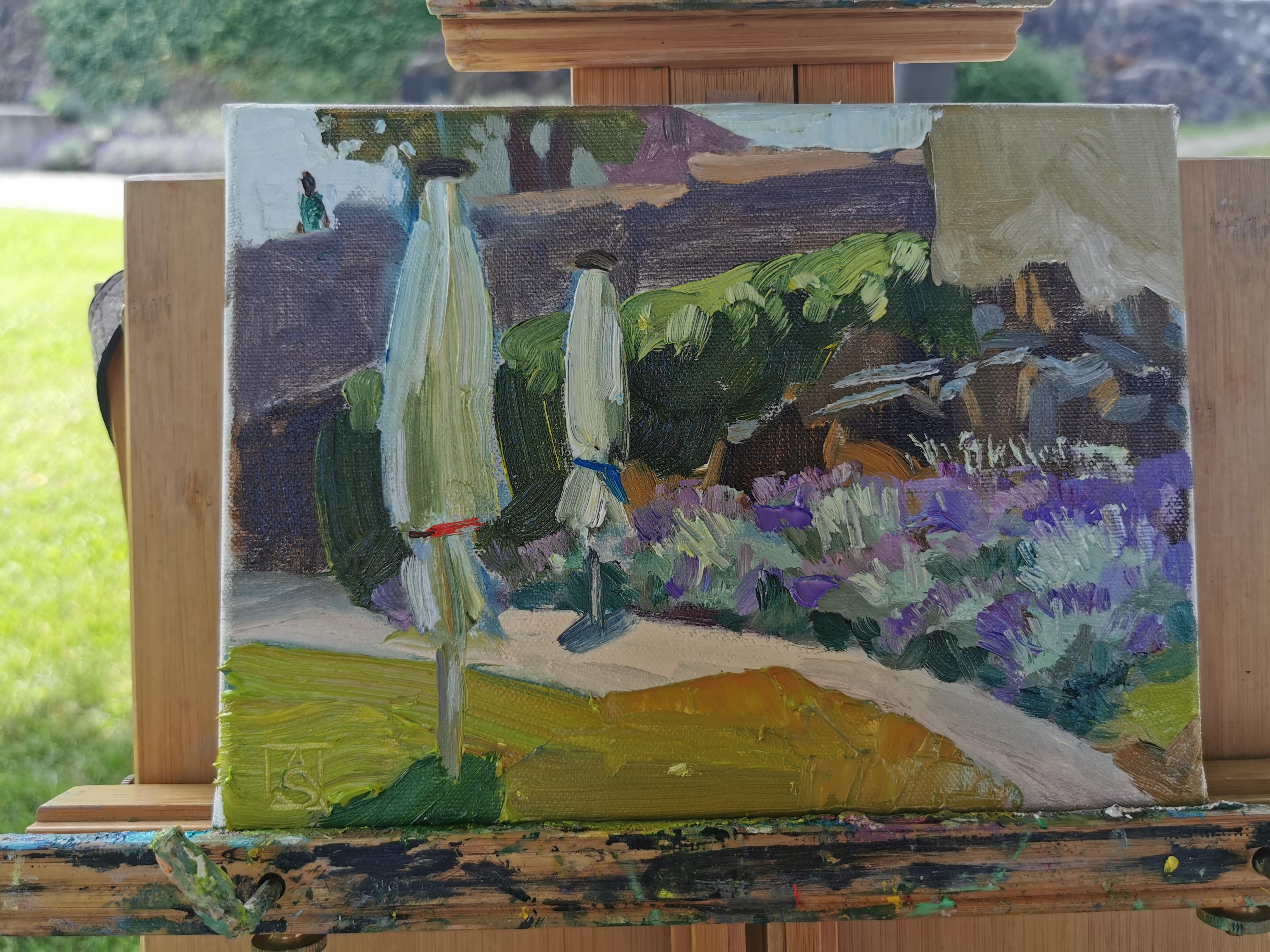 Lavender In The Garden. Horizontal, impressionism, landscape, flowers For Sale 4
