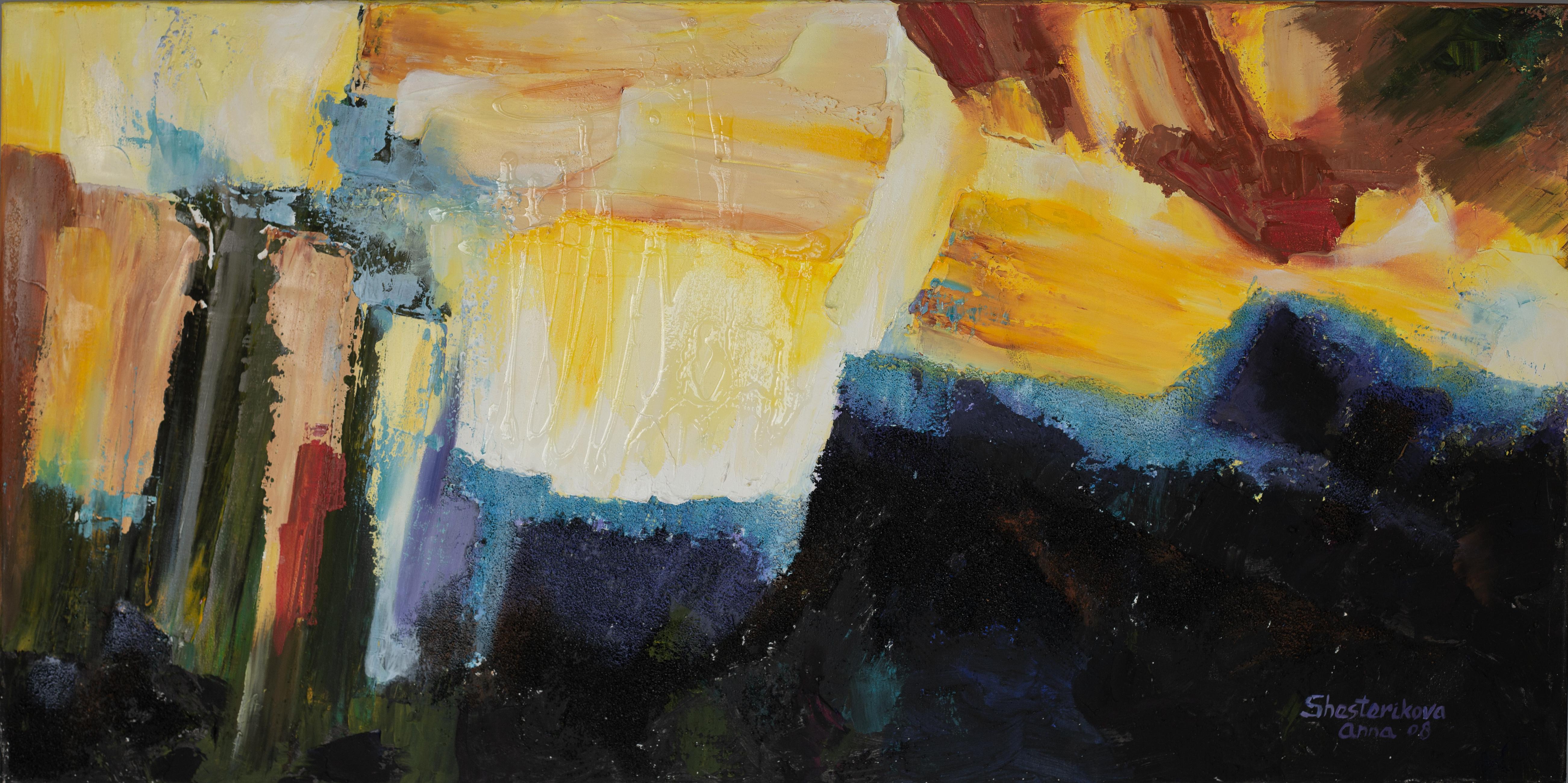 Anna Shesterikova Abstract Painting - Light Is Shining And Darkness Did Not Win. Japandi, Wabi-Sabi, Shabby Chic