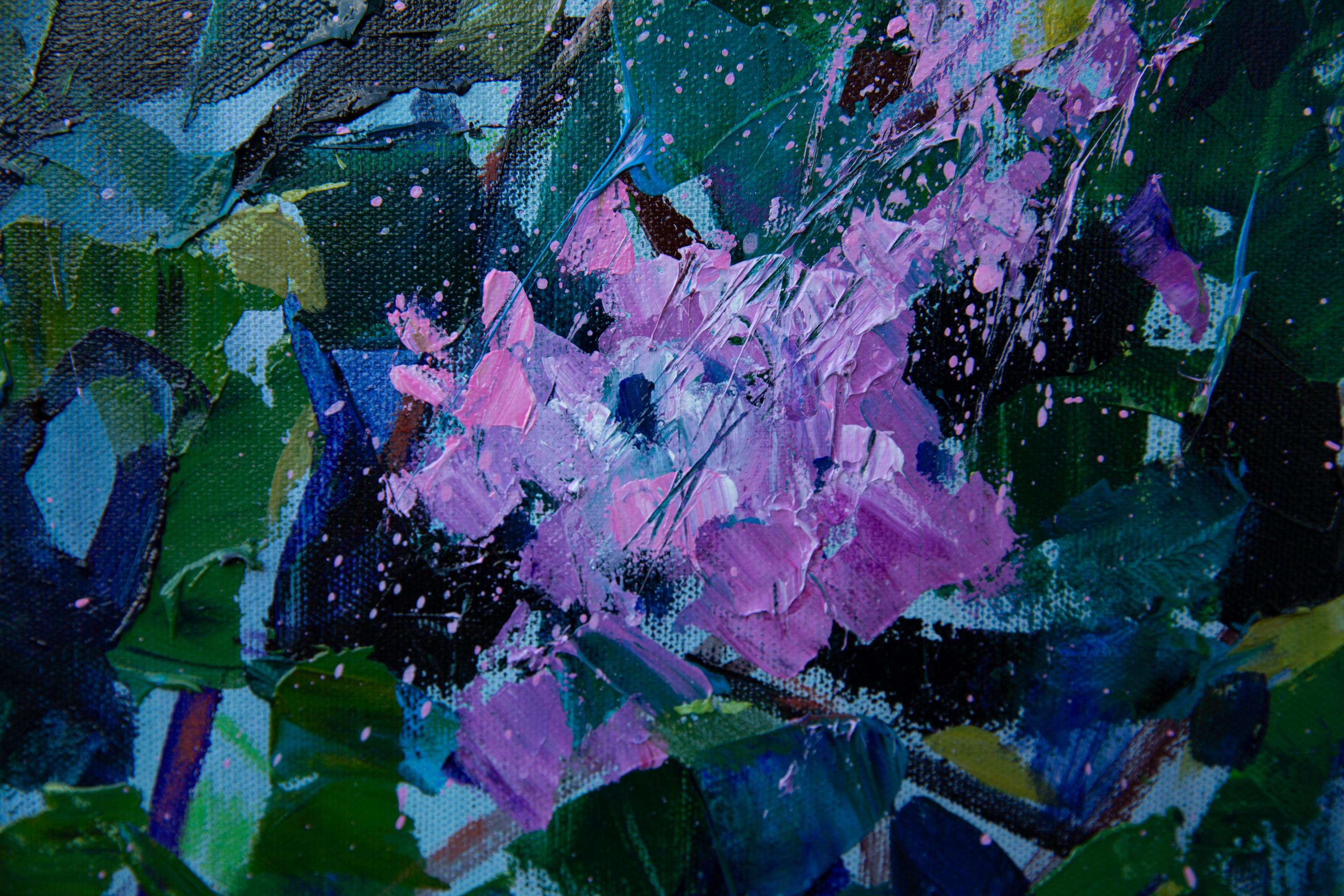 Lila. Acrílico, impresionismo, paisaje, horizontal, grande, flores, violeta en venta 5