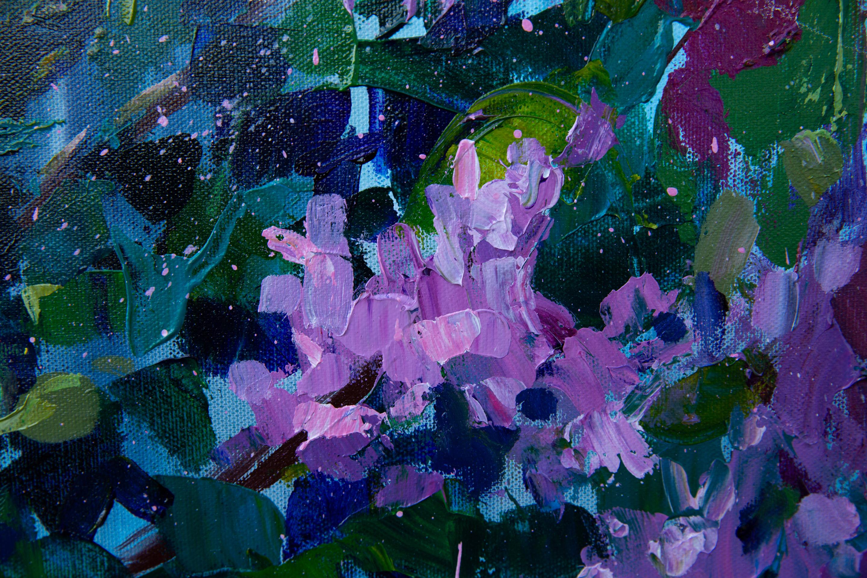 Lila. Acrílico, impresionismo, paisaje, horizontal, grande, flores, violeta en venta 6