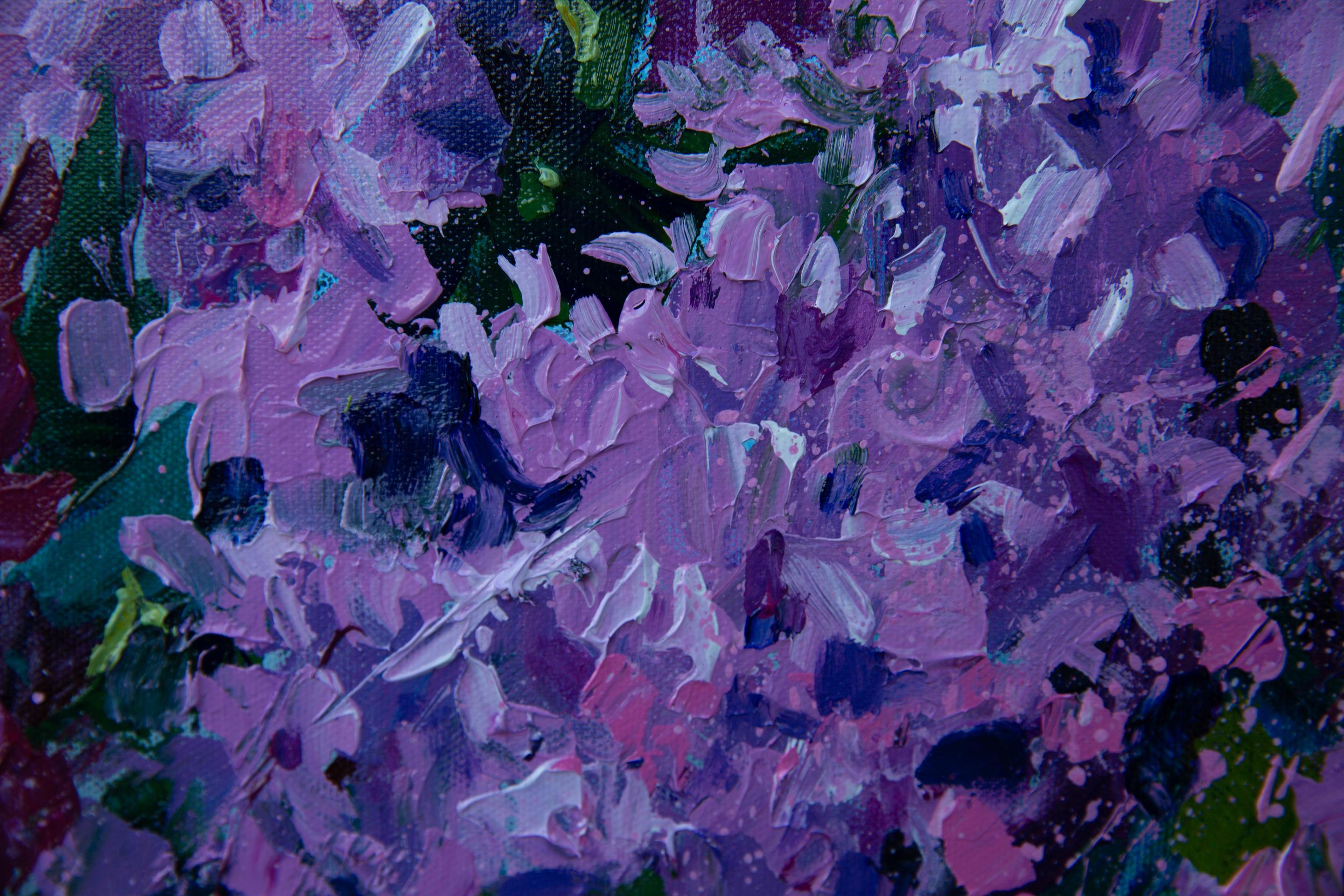 Lila. Acrílico, impresionismo, paisaje, horizontal, grande, flores, violeta en venta 7