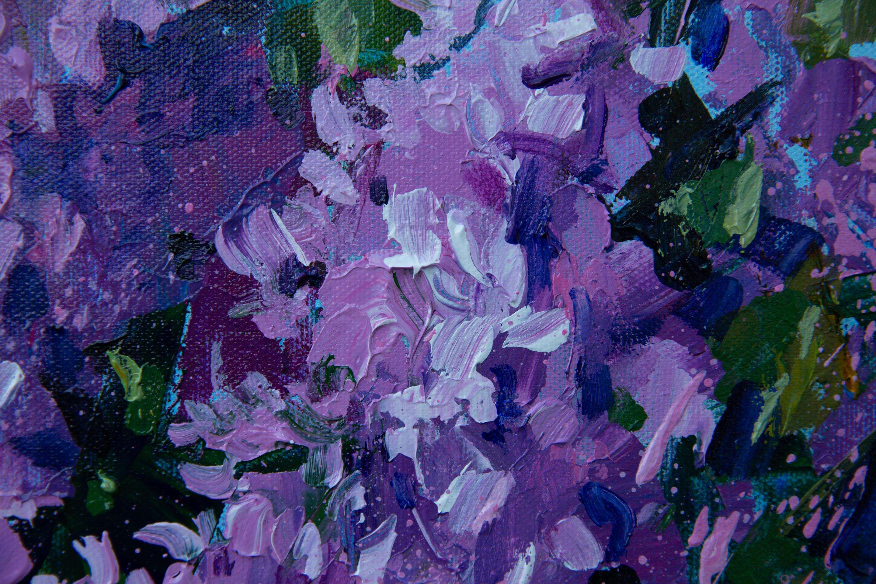 Lila. Acrílico, impresionismo, paisaje, horizontal, grande, flores, violeta en venta 8