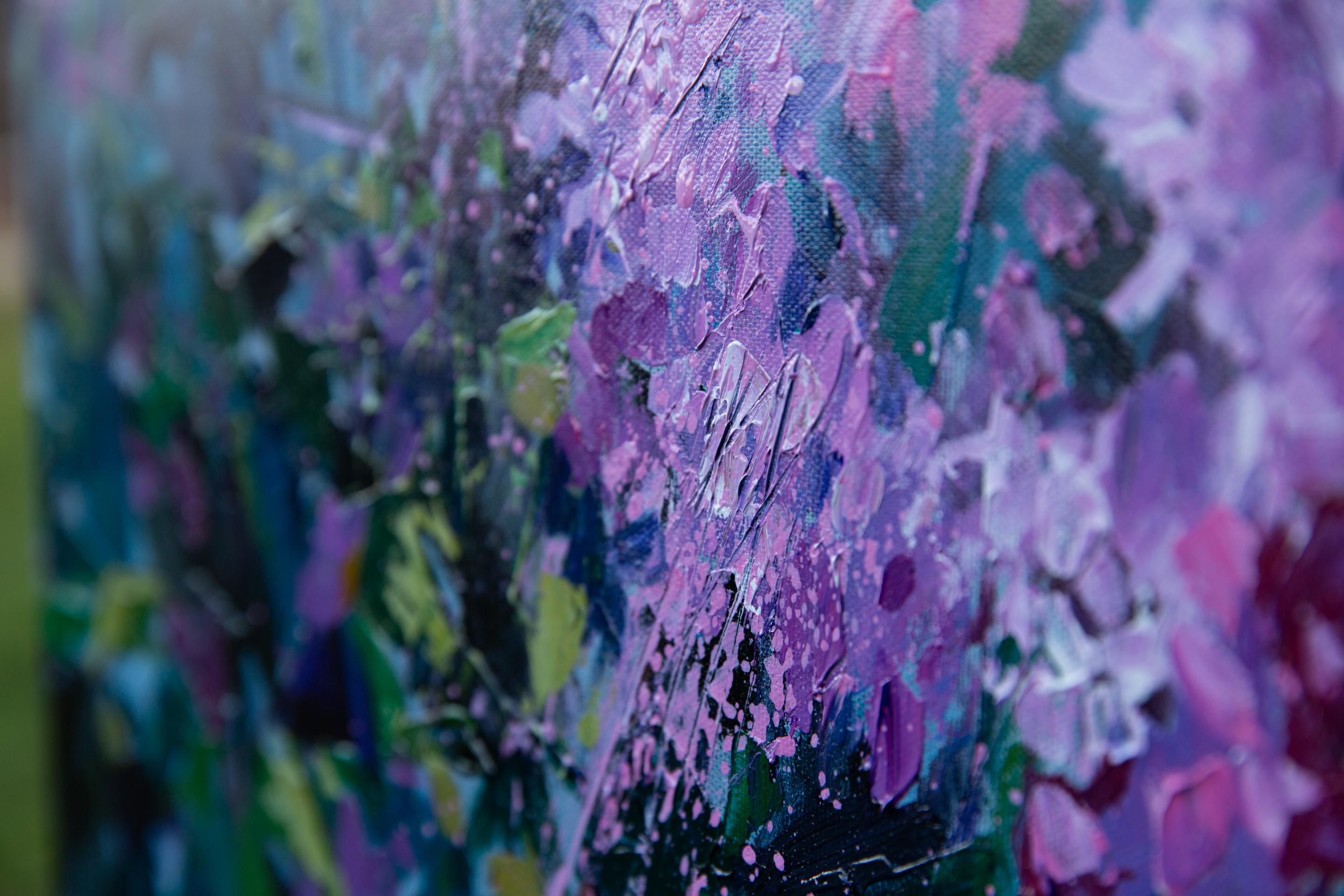 Lila. Acrílico, impresionismo, paisaje, horizontal, grande, flores, violeta en venta 9
