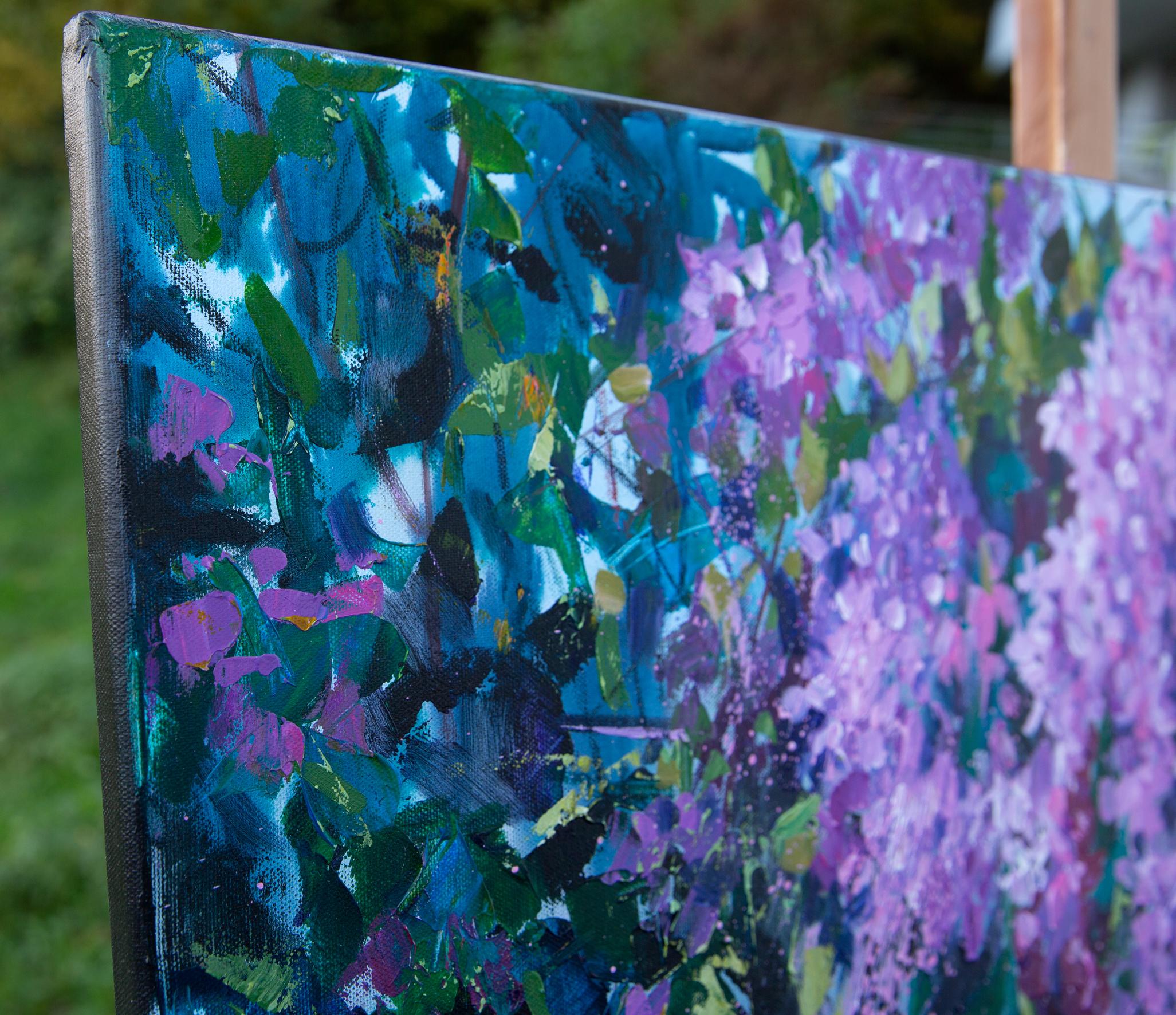 Lila. Acrílico, impresionismo, paisaje, horizontal, grande, flores, violeta - Painting de Anna Shesterikova