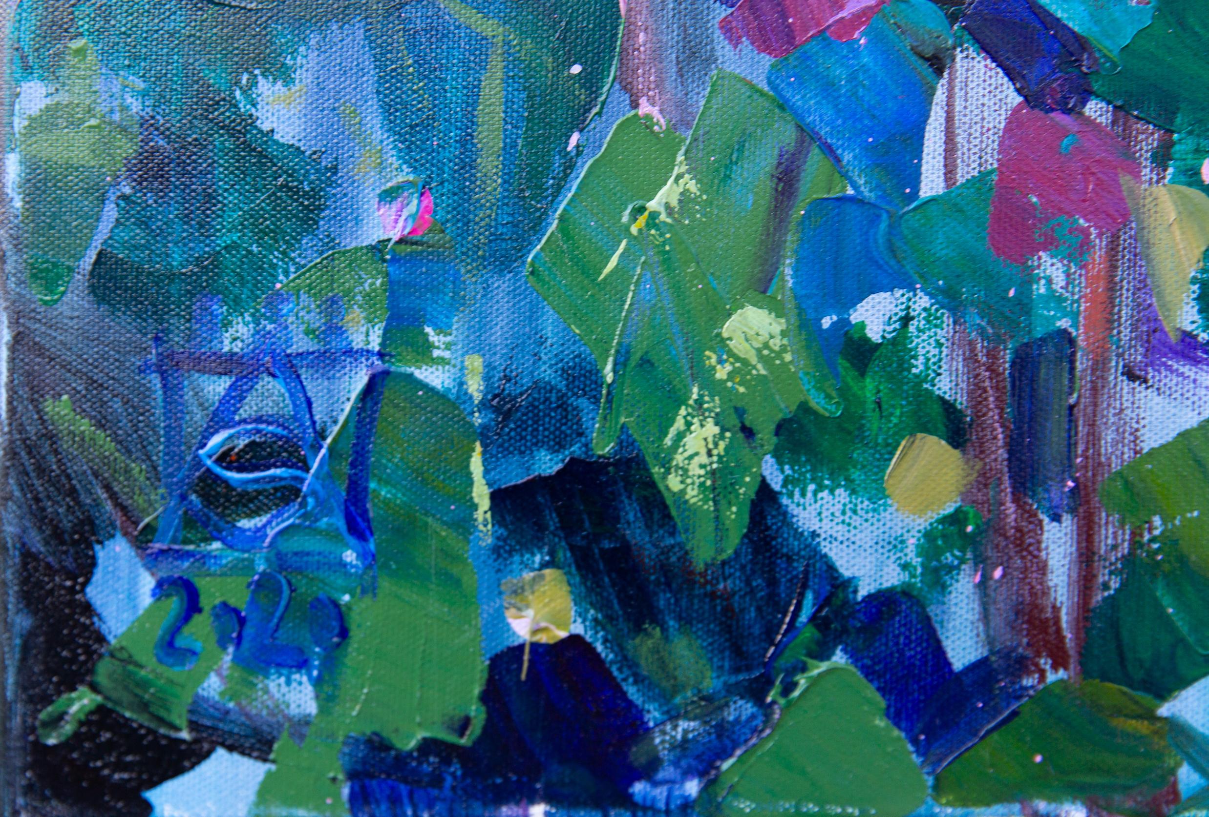 Lila. Acrílico, impresionismo, paisaje, horizontal, grande, flores, violeta - Abstract Painting Púrpura de Anna Shesterikova