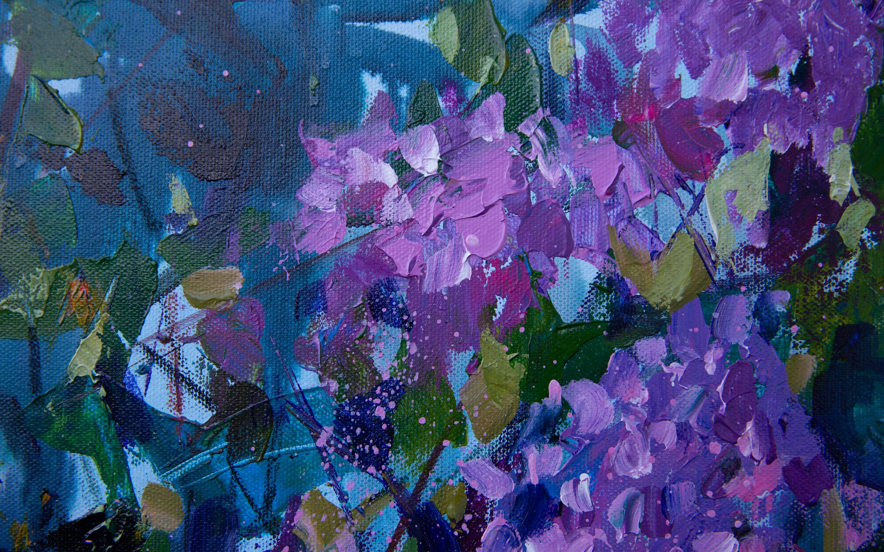 Lila. Acrílico, impresionismo, paisaje, horizontal, grande, flores, violeta en venta 1