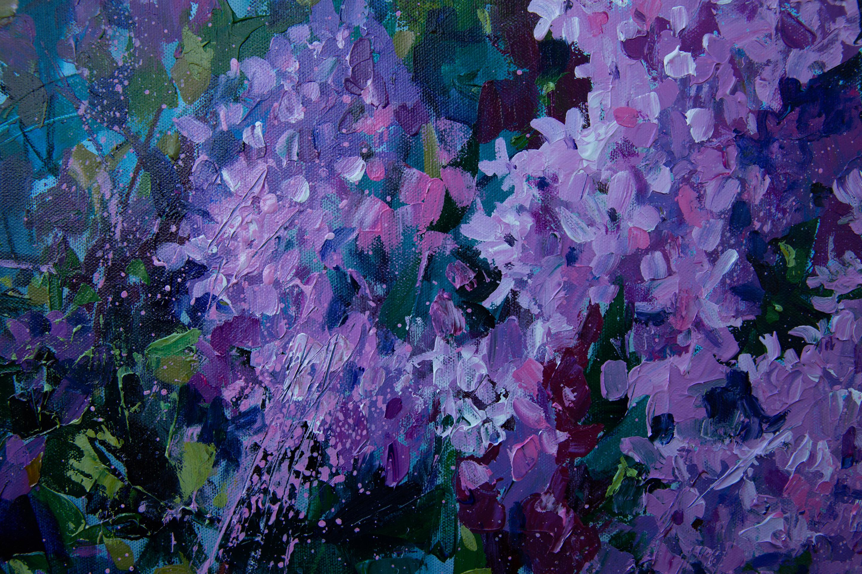 Lila. Acrílico, impresionismo, paisaje, horizontal, grande, flores, violeta en venta 2