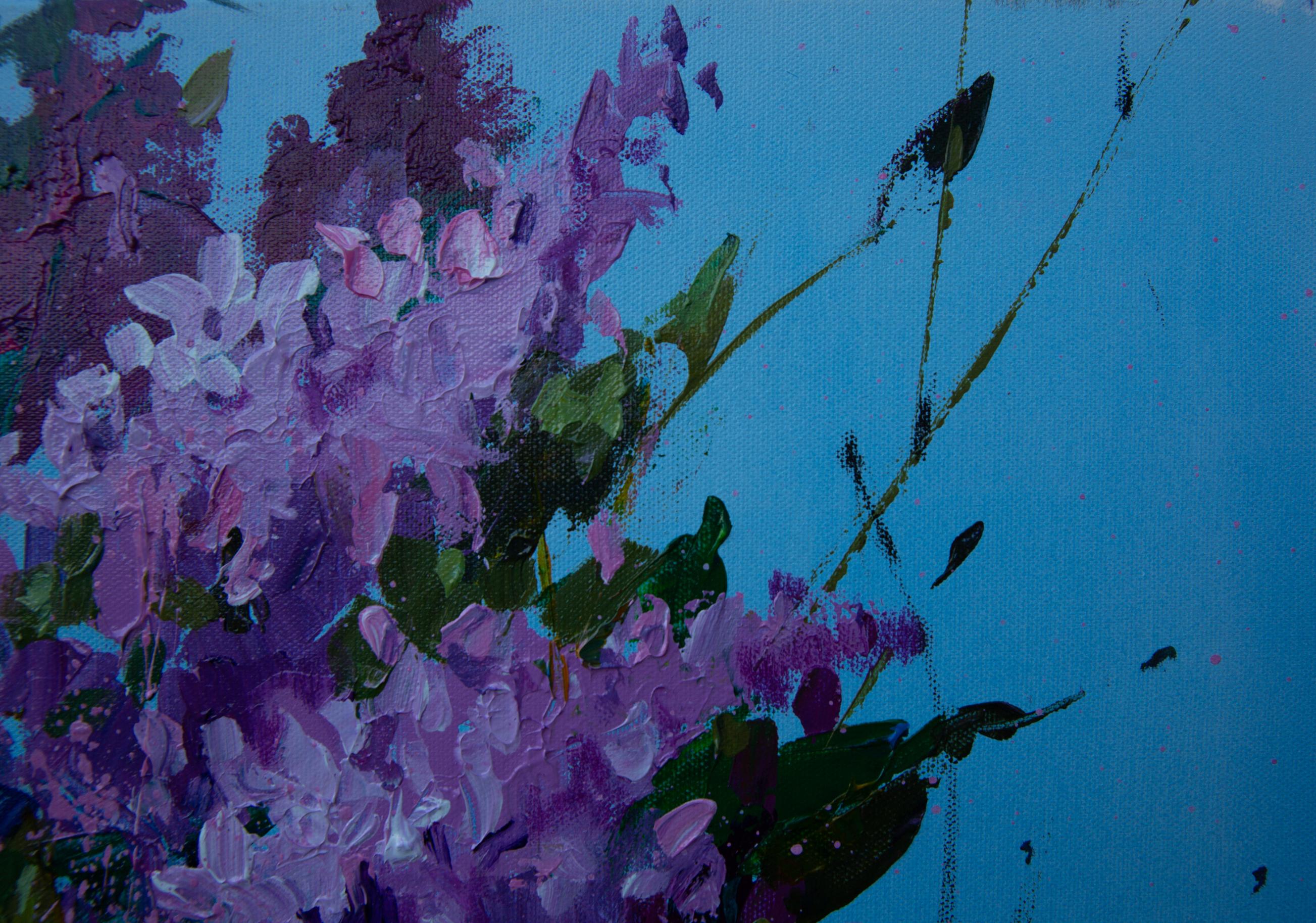 Lila. Acrílico, impresionismo, paisaje, horizontal, grande, flores, violeta en venta 3