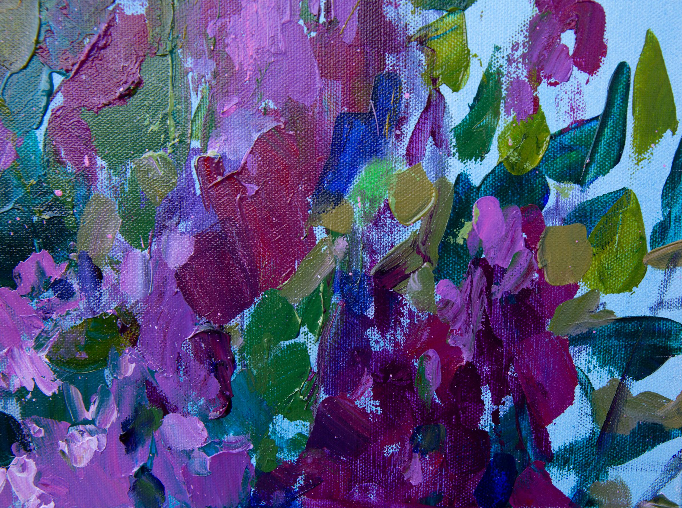 Lila. Acrílico, impresionismo, paisaje, horizontal, grande, flores, violeta en venta 4