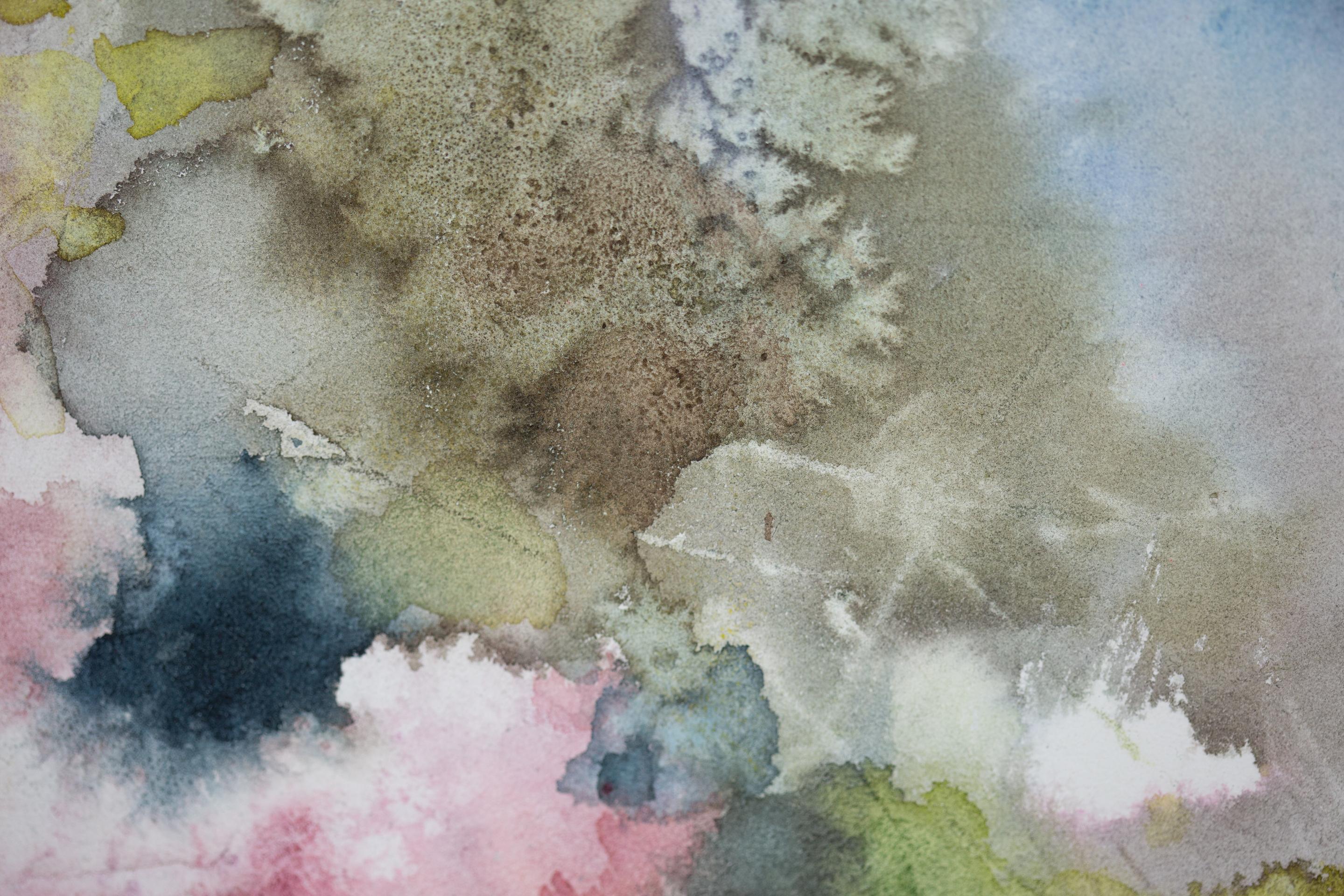 Flieder in den Bergen. Vertikal, Aquarell, Blumen, Landschaft, helle Töne im Angebot 5