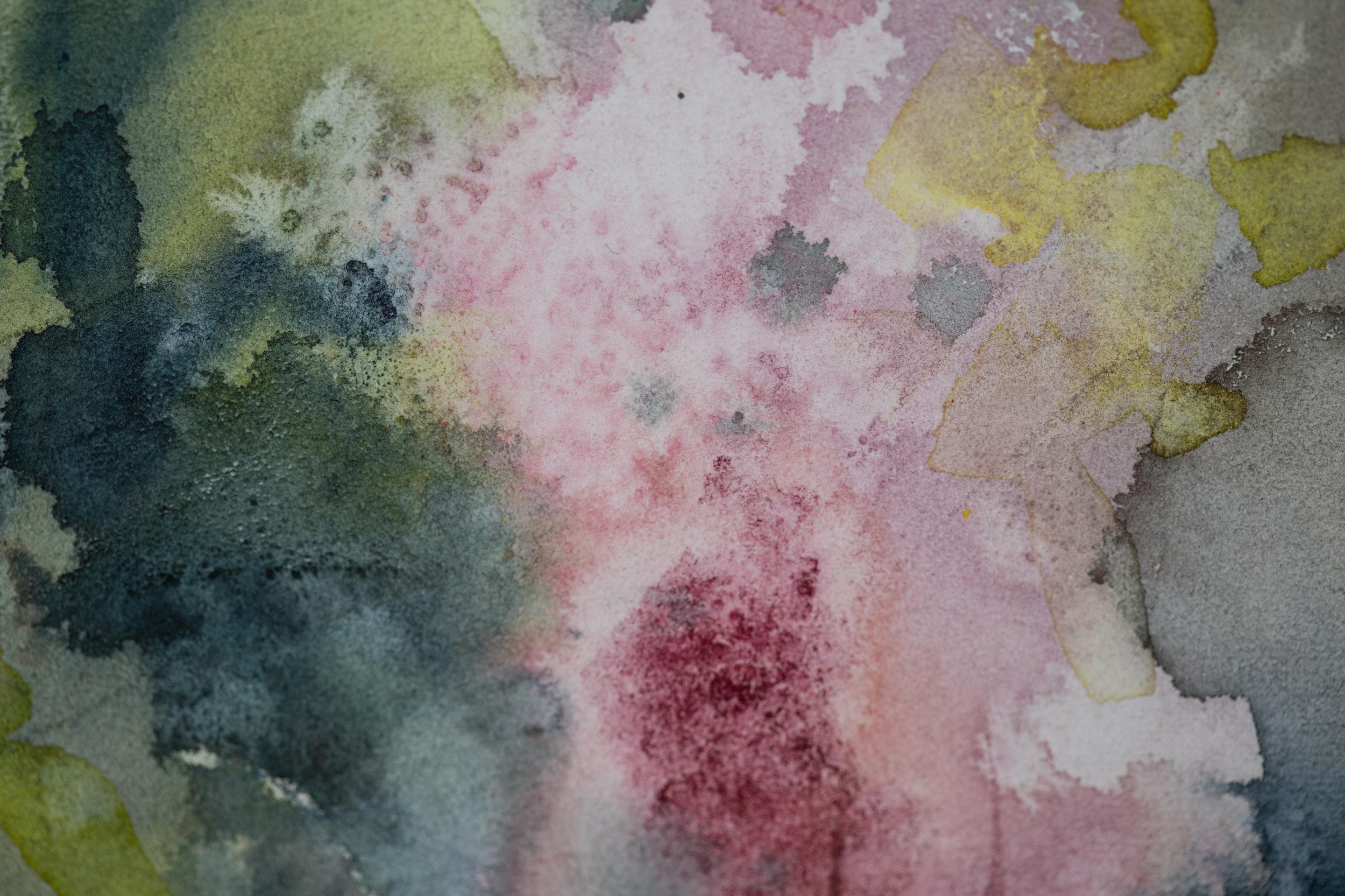 Flieder in den Bergen. Vertikal, Aquarell, Blumen, Landschaft, helle Töne im Angebot 7