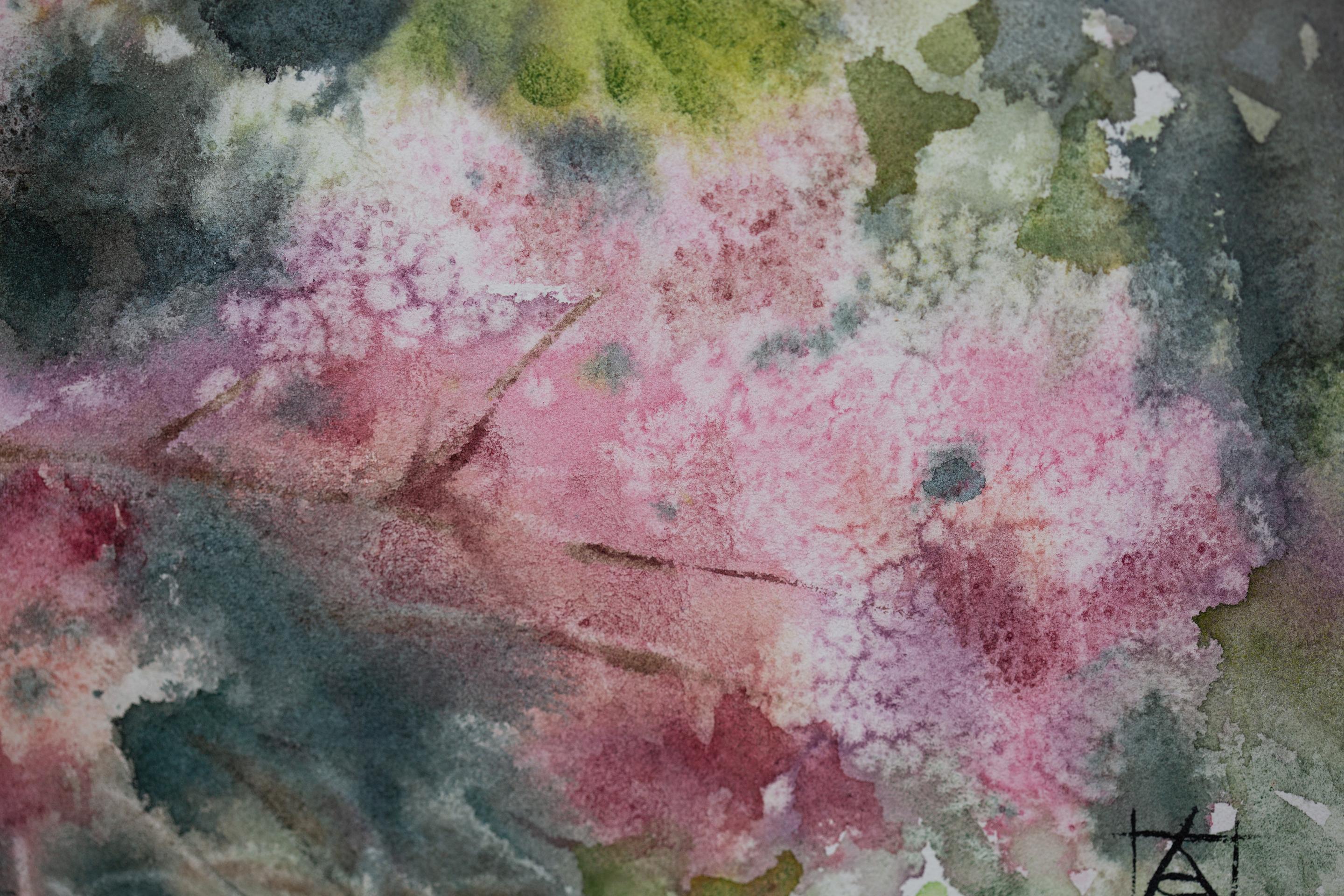 Flieder in den Bergen. Vertikal, Aquarell, Blumen, Landschaft, helle Töne im Angebot 8