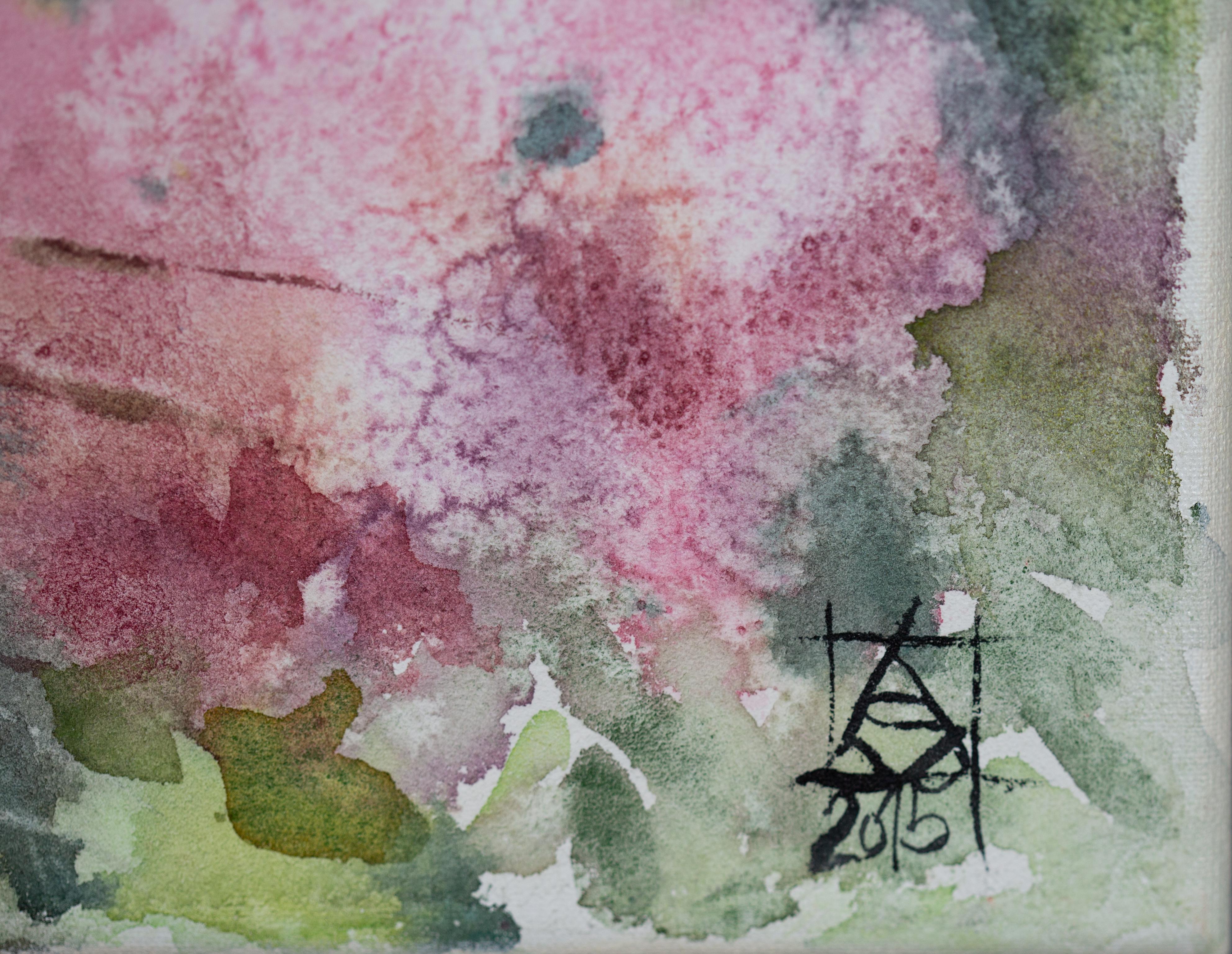 Flieder in den Bergen. Vertikal, Aquarell, Blumen, Landschaft, helle Töne (Grau), Landscape Painting, von Anna Shesterikova