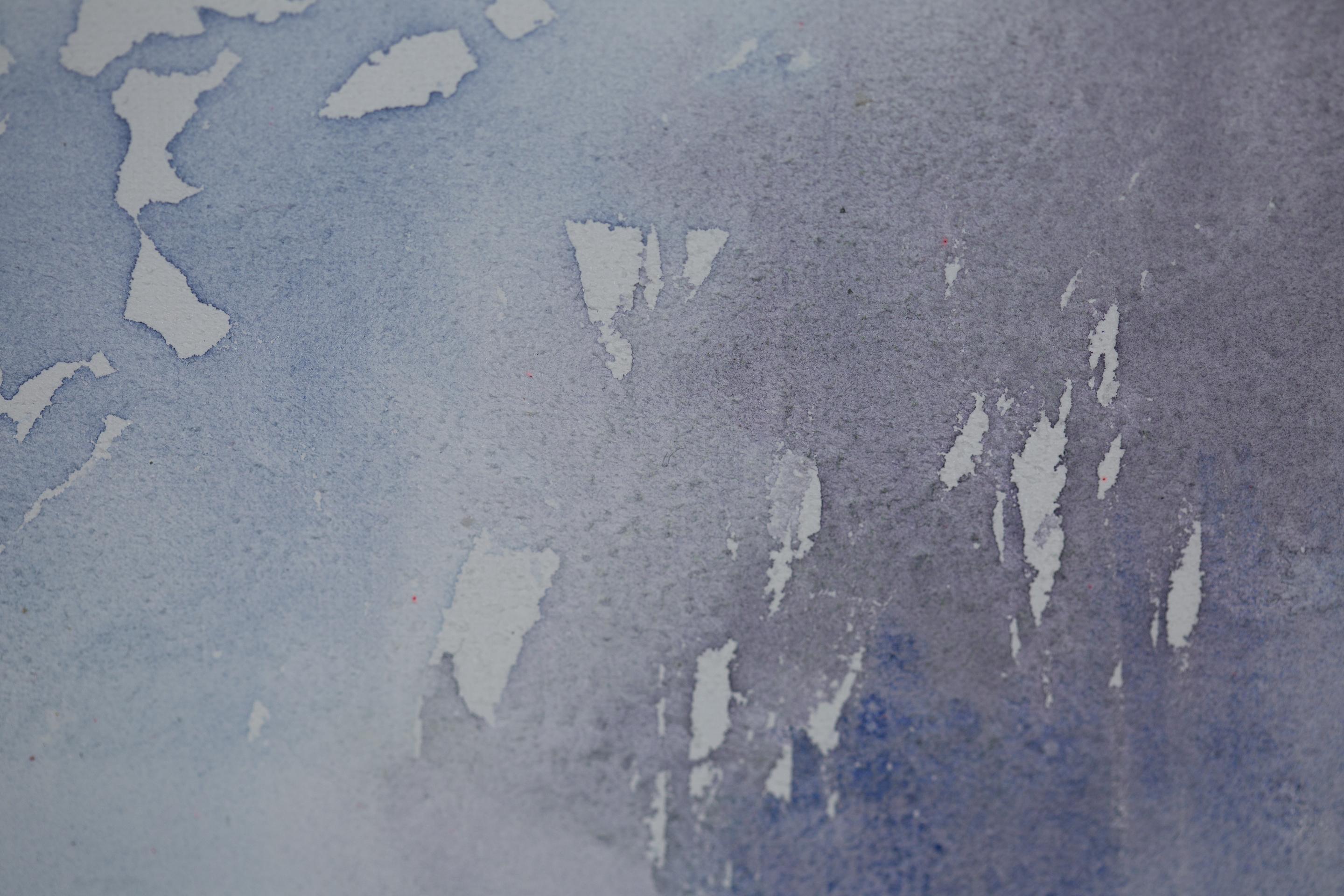 Flieder in den Bergen. Vertikal, Aquarell, Blumen, Landschaft, helle Töne im Angebot 3