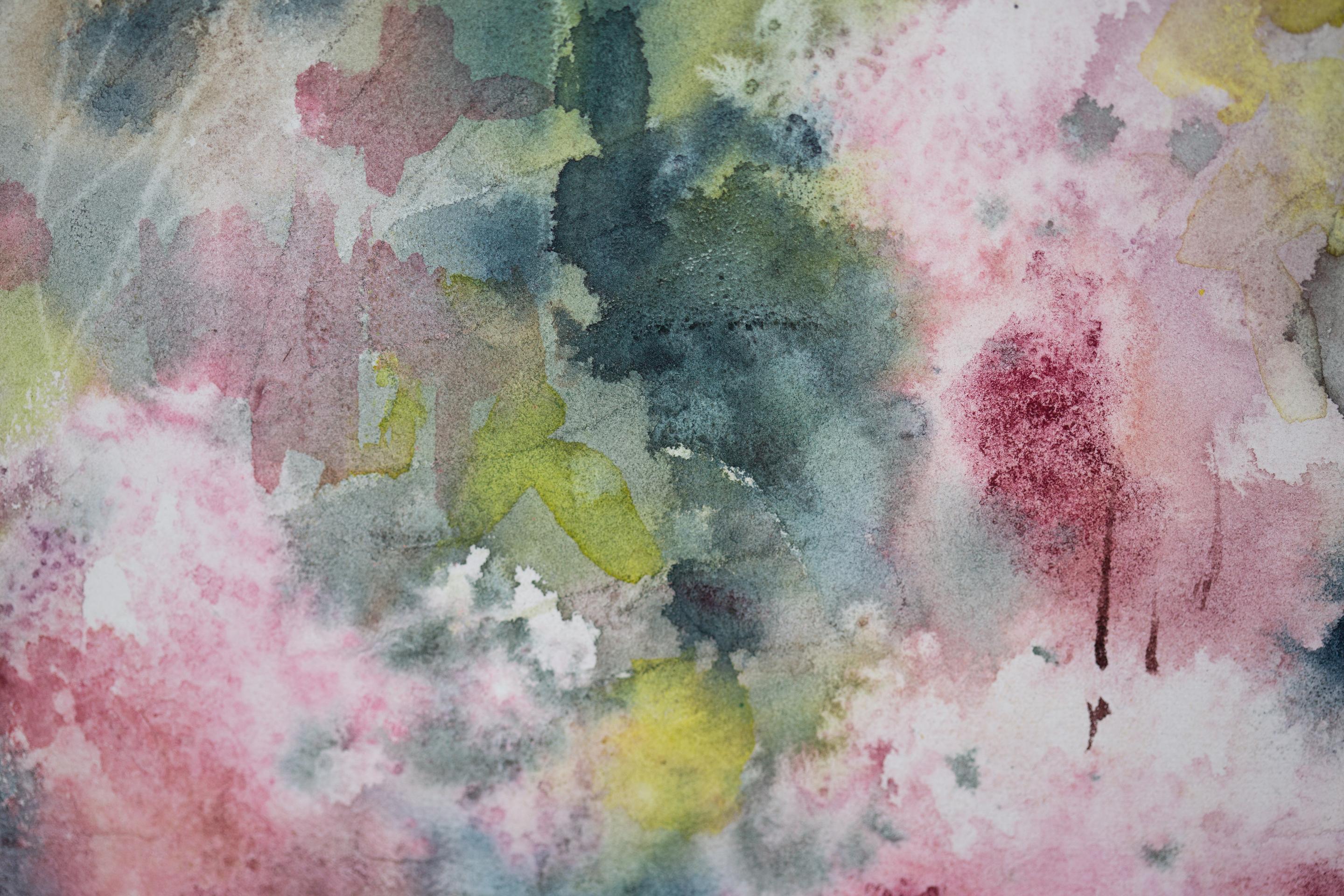 Flieder in den Bergen. Vertikal, Aquarell, Blumen, Landschaft, helle Töne im Angebot 4