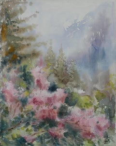 Flieder in den Bergen. Vertikal, Aquarell, Blumen, Landschaft, helle Töne