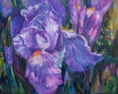 Fliederlilie. Großes Querformat, Ölgemälde, floral, Iris, halbabstrakt