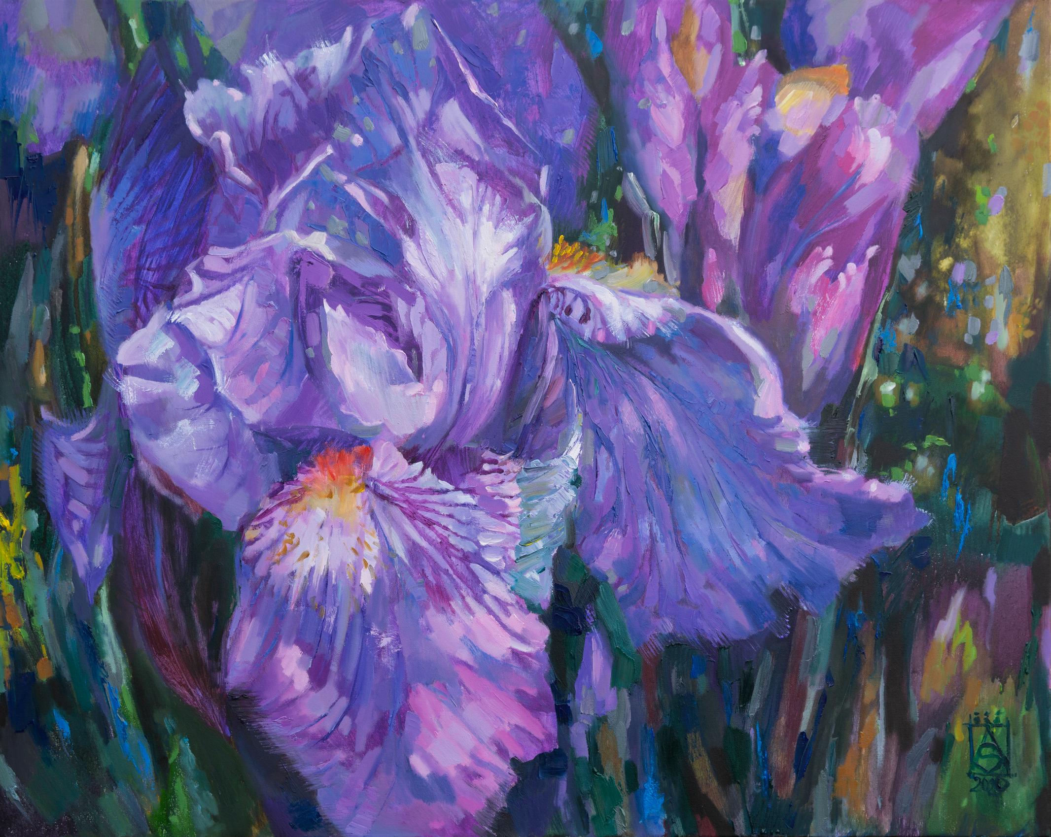 Lilac Iris. Large horizontal, oil painting, floral, iris, semi-abstract