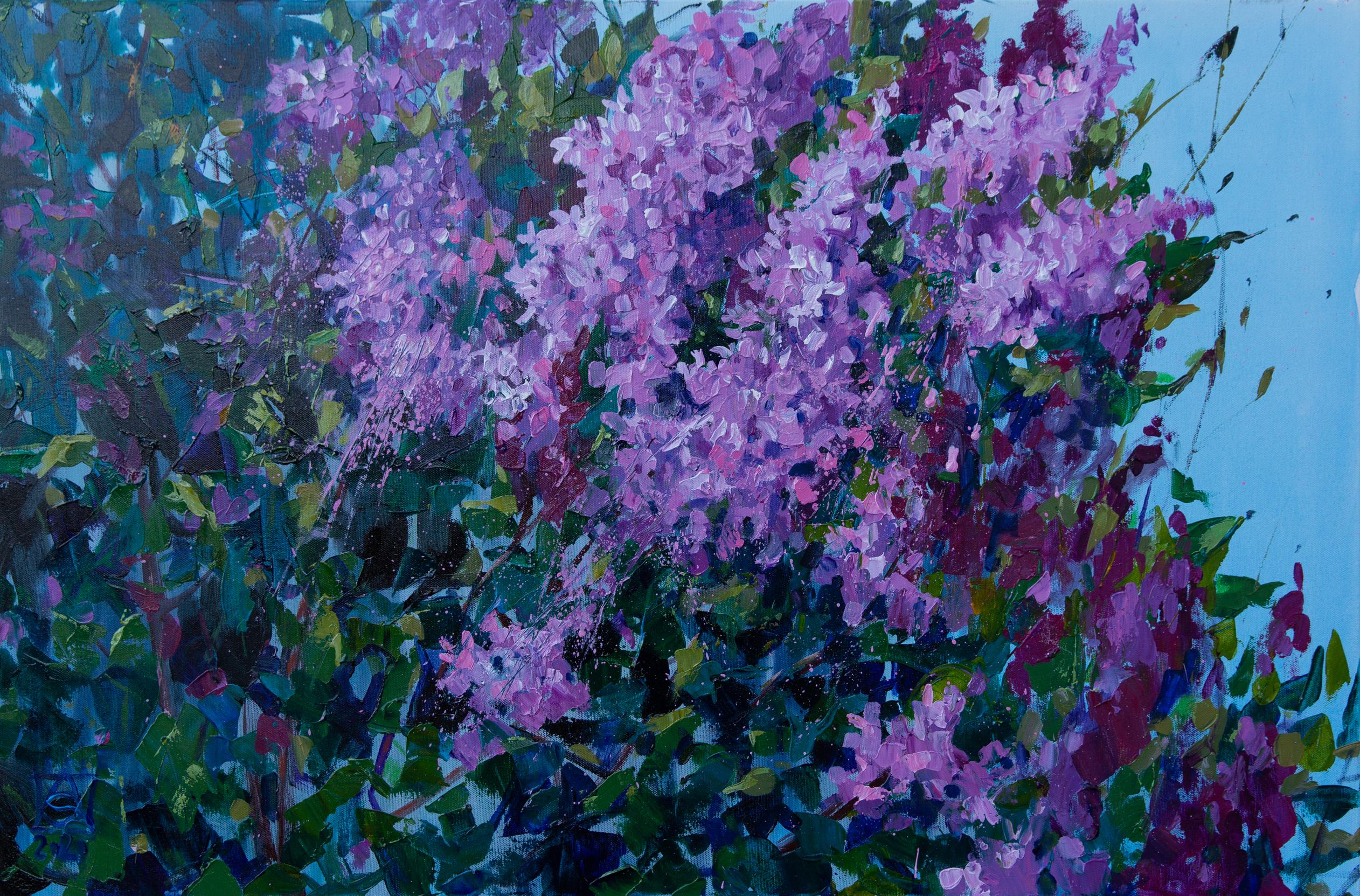 Lilacs In My Garden. Acrylic, impressionism, horizontal, large, flowers, violet