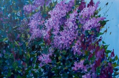Lilacs In My Garden. Acrylic, impressionism, horizontal, large, flowers, violet