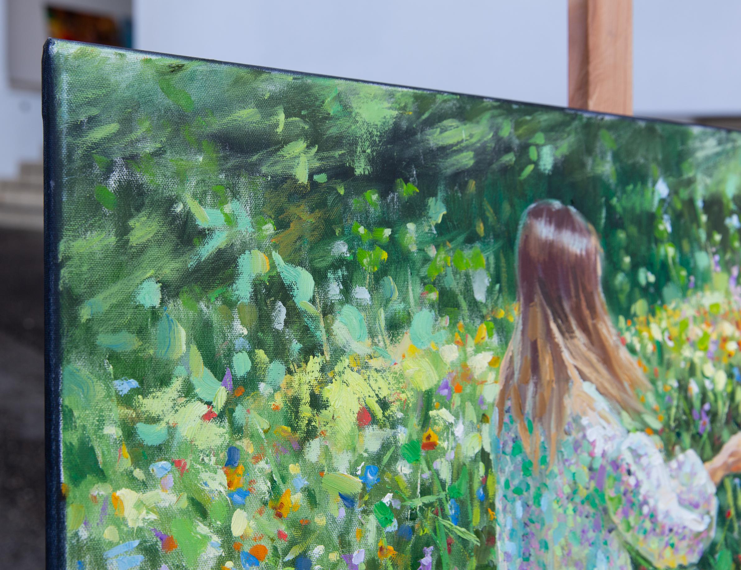 Little Flower. Horizontal, figurative, girl, flowers, beauty - Painting by Anna Shesterikova