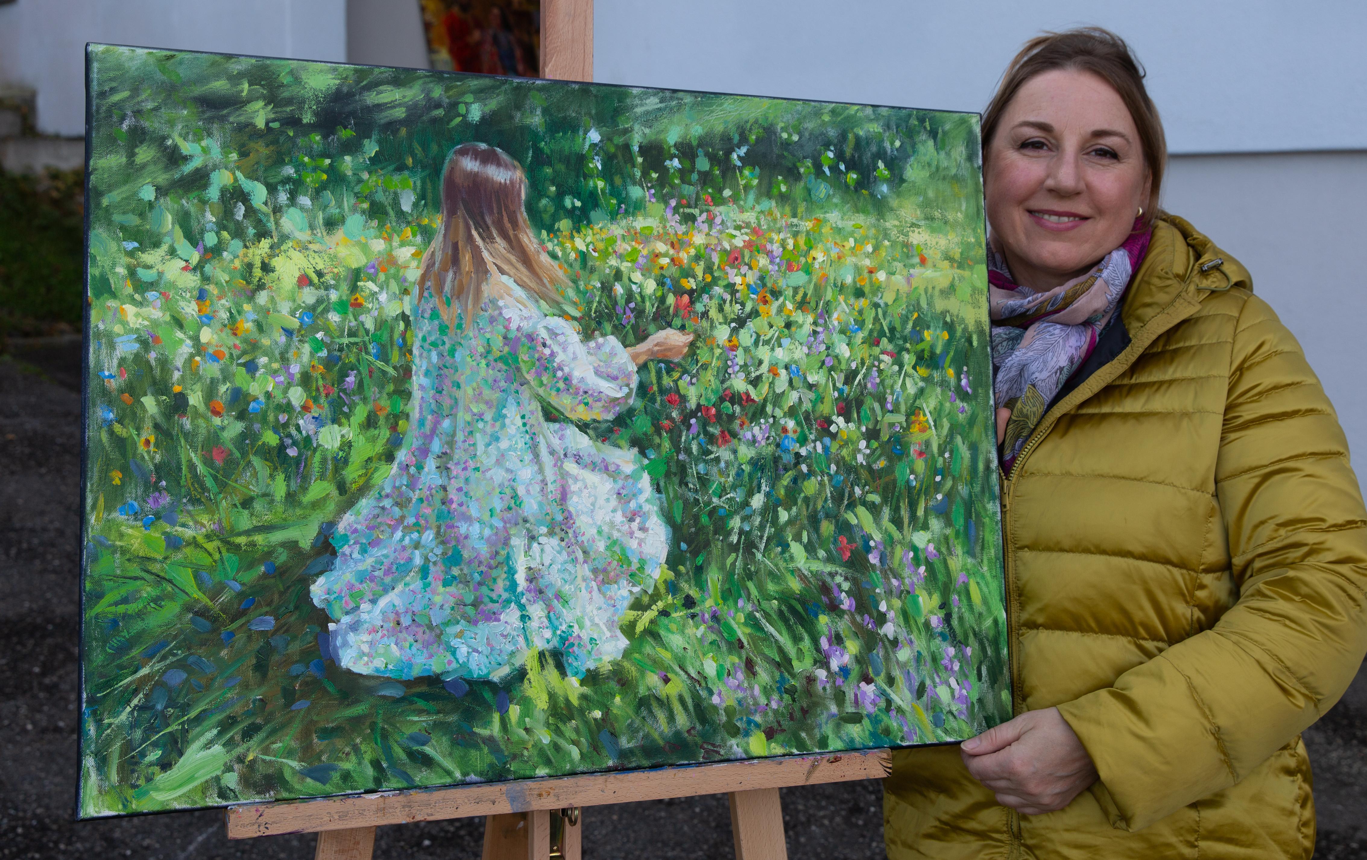 Little Flower. Horizontal, figurative, girl, flowers, beauty - Post-Impressionist Painting by Anna Shesterikova
